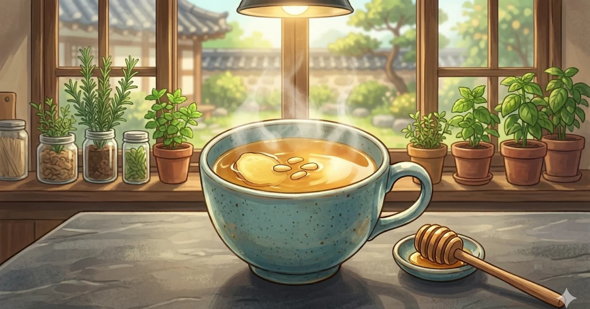 Saenggang Cha (Ginger Tea) — A bracing, warming tea of fresh ginger simmered with honey and garnished with pine nuts