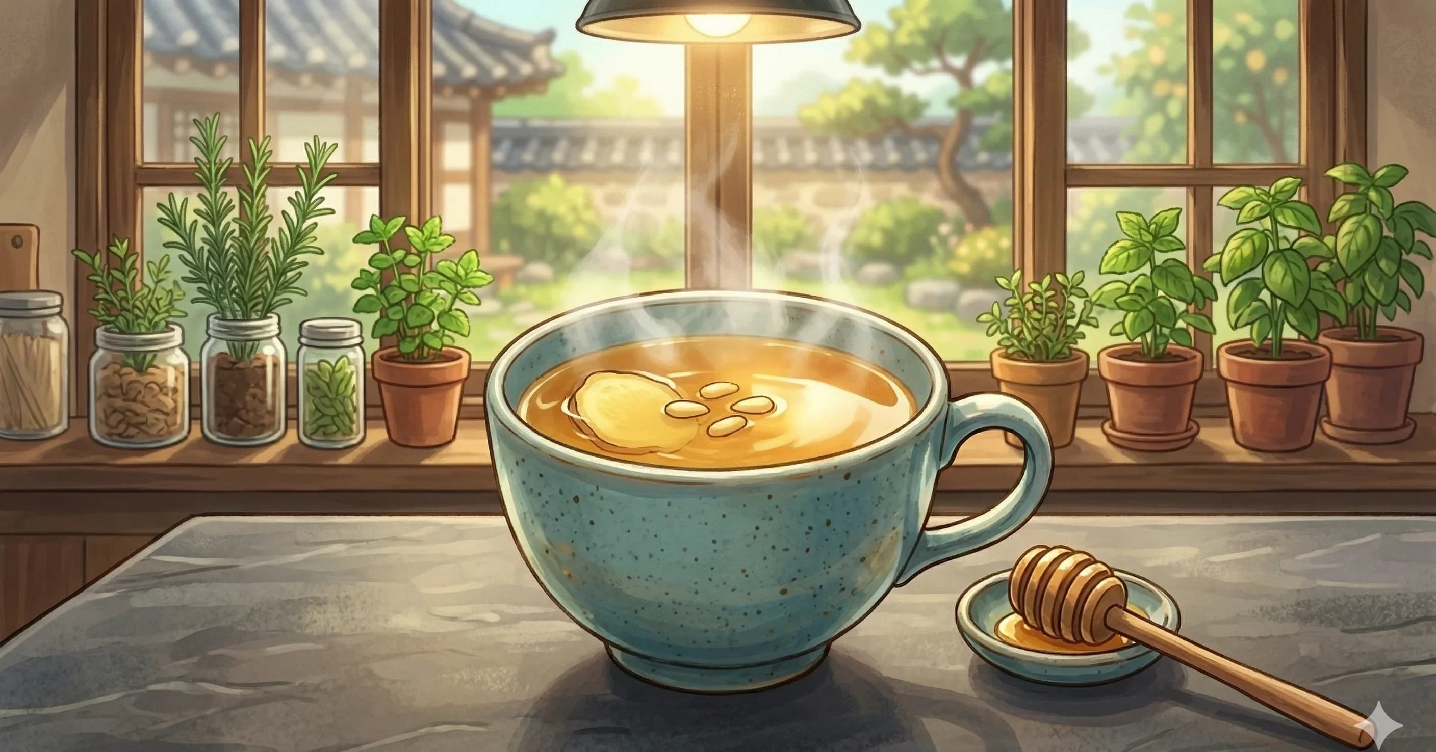 Saenggang Cha (Ginger Tea) — A bracing, warming tea of fresh ginger simmered with honey and garnished with pine nuts