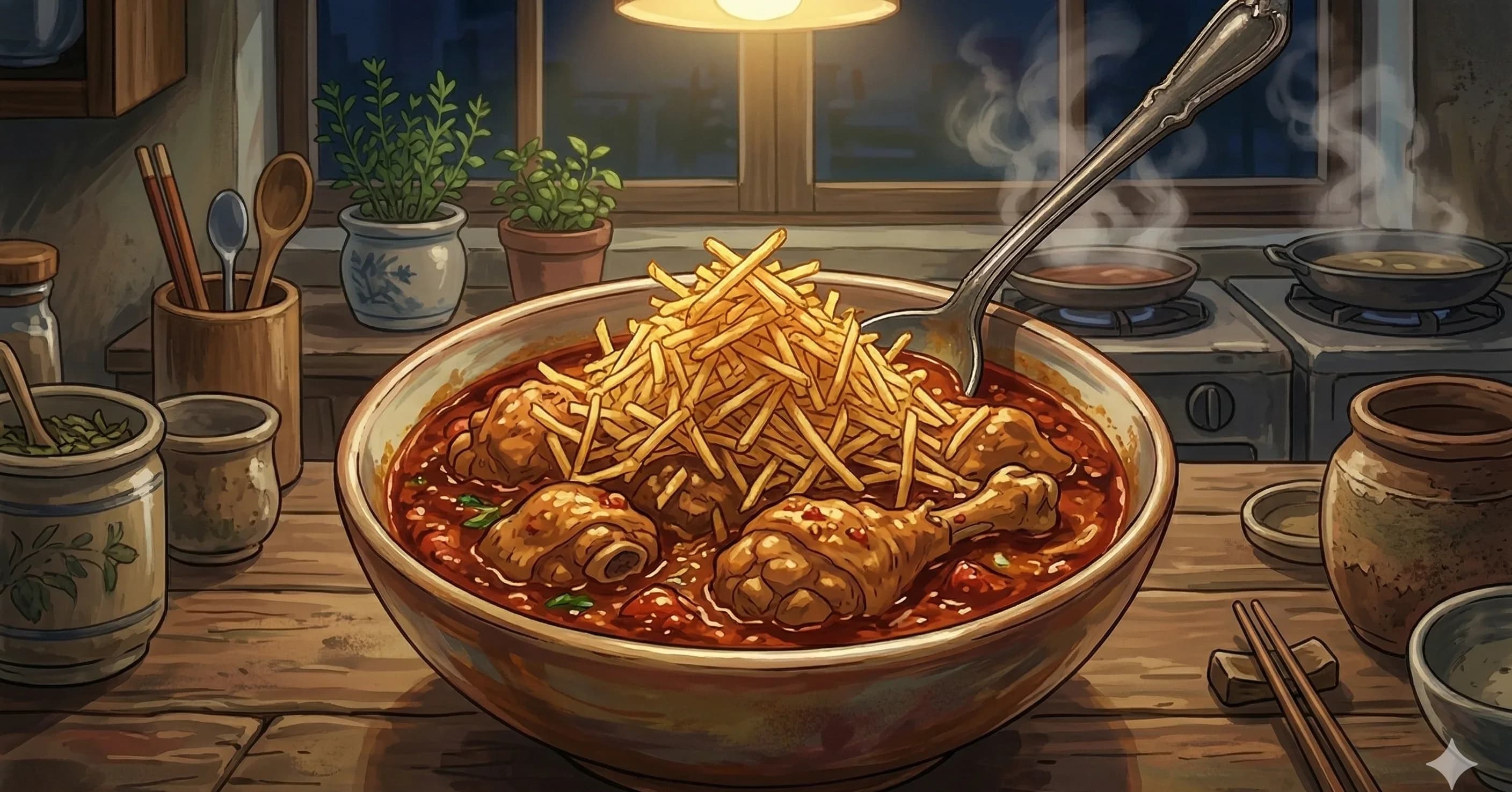 Parsi Chicken with Potato Straws (Salli Murgi) — Parsi chicken curry with dried apricot, finished with cream and a crown of crispy potato straws