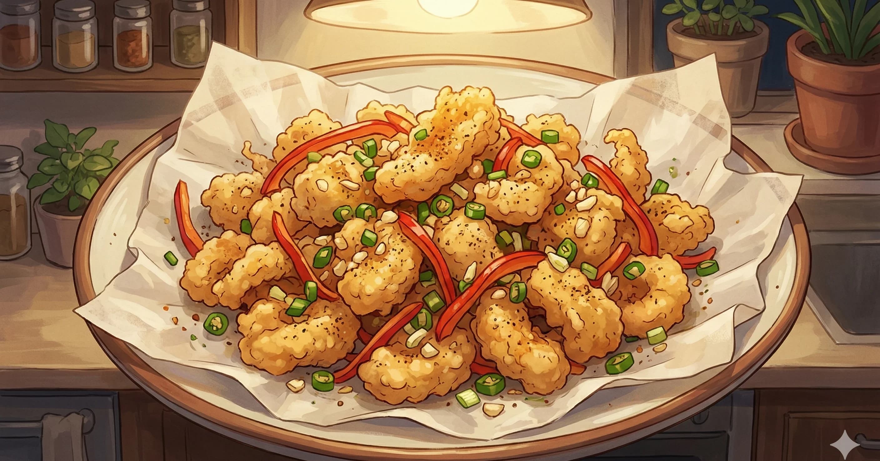 Salt and Pepper Squid (椒鹽鮮魷) — Double-fried squid with a wet batter coating, tossed with garlic, chili, and scallion in a salt-white pepper seasoning