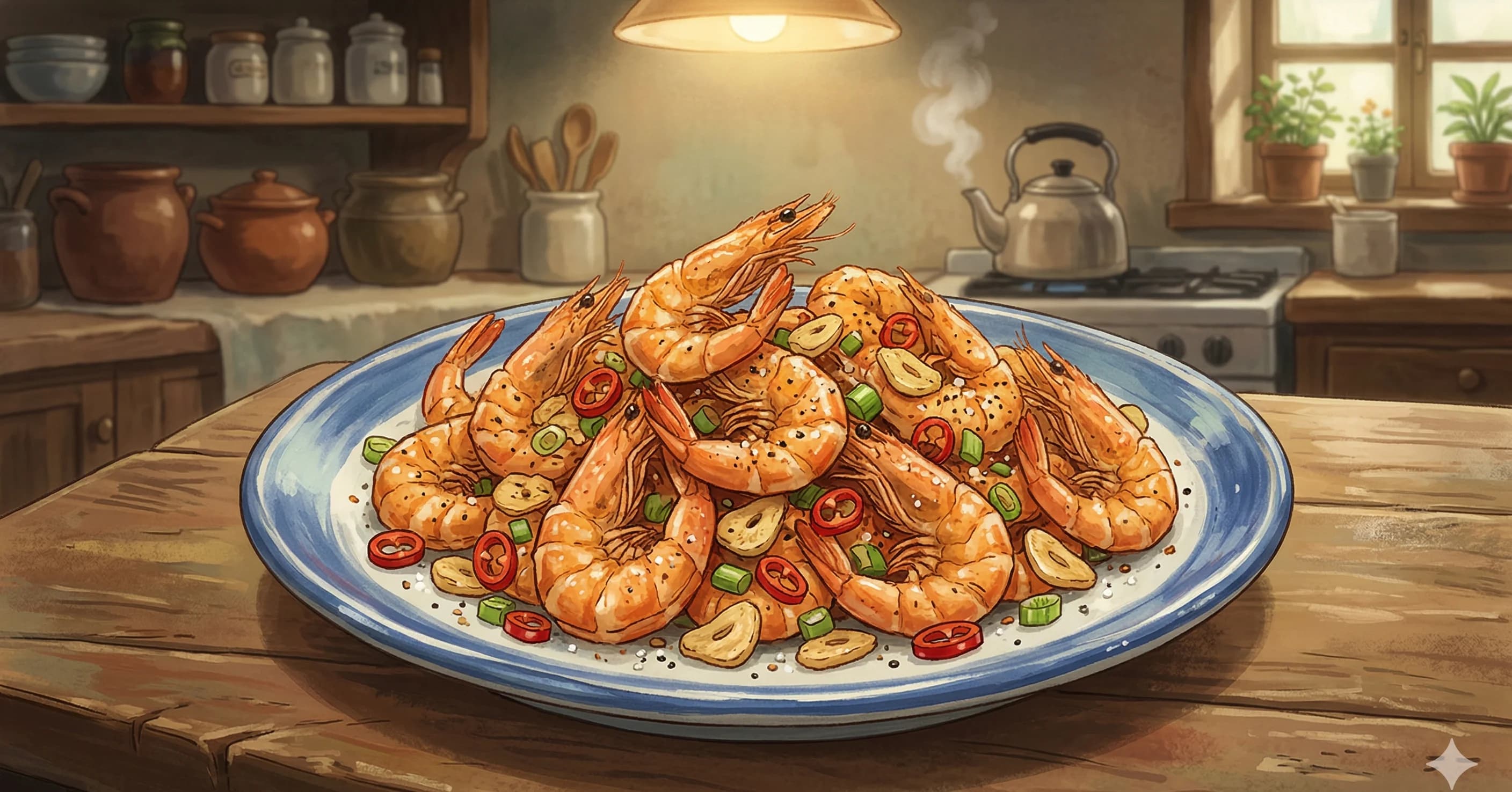 Jiao Yan Xia (Salt and Pepper Shrimp) — Crispy shell-on shrimp tossed with Sichuan peppercorn salt, garlic, chilies, and scallion