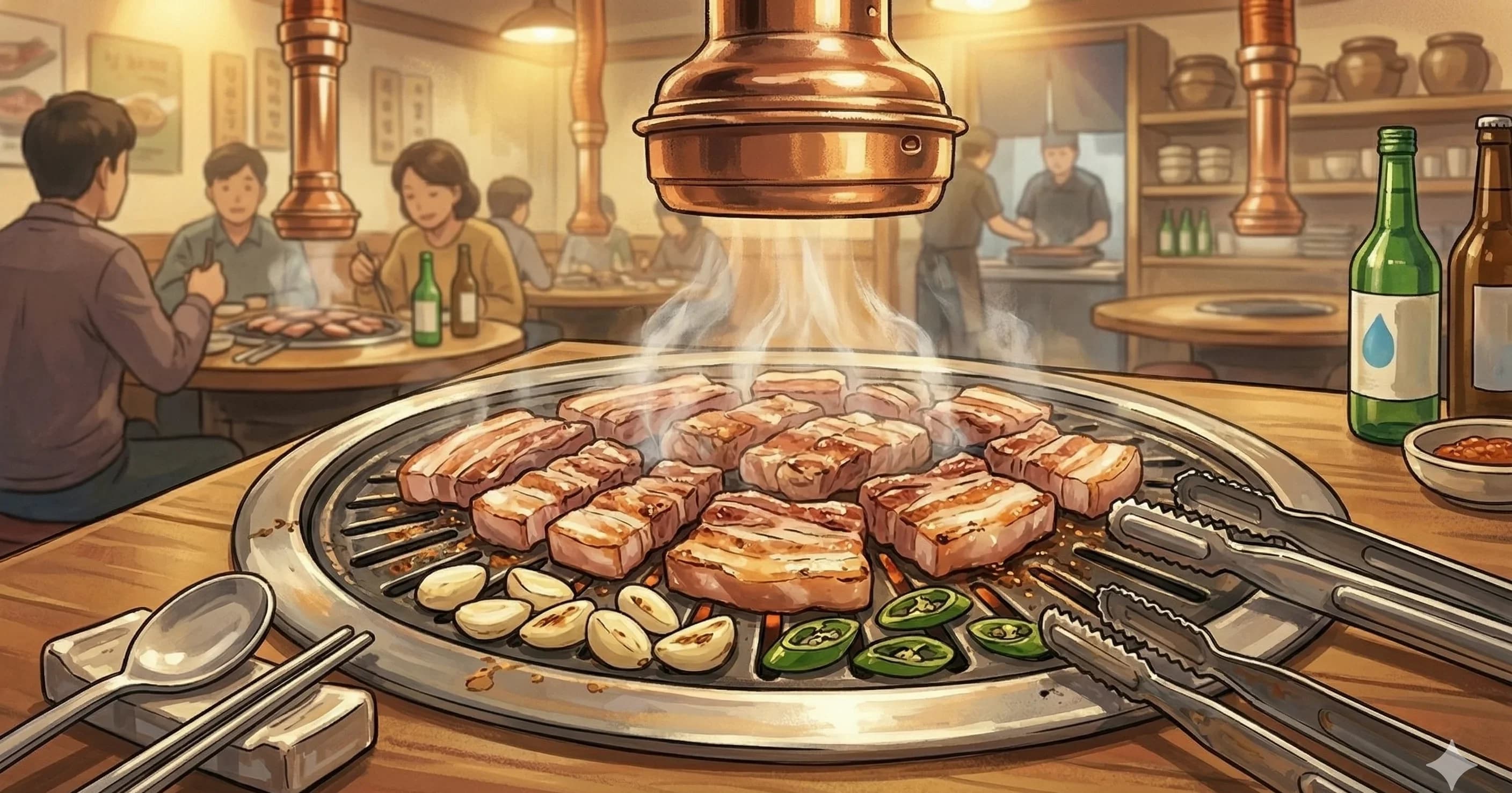 Samgyeopsal (삼겹살) — Thick-cut pork belly grilled at the table and wrapped in lettuce with garlic, peppers, and ssamjang