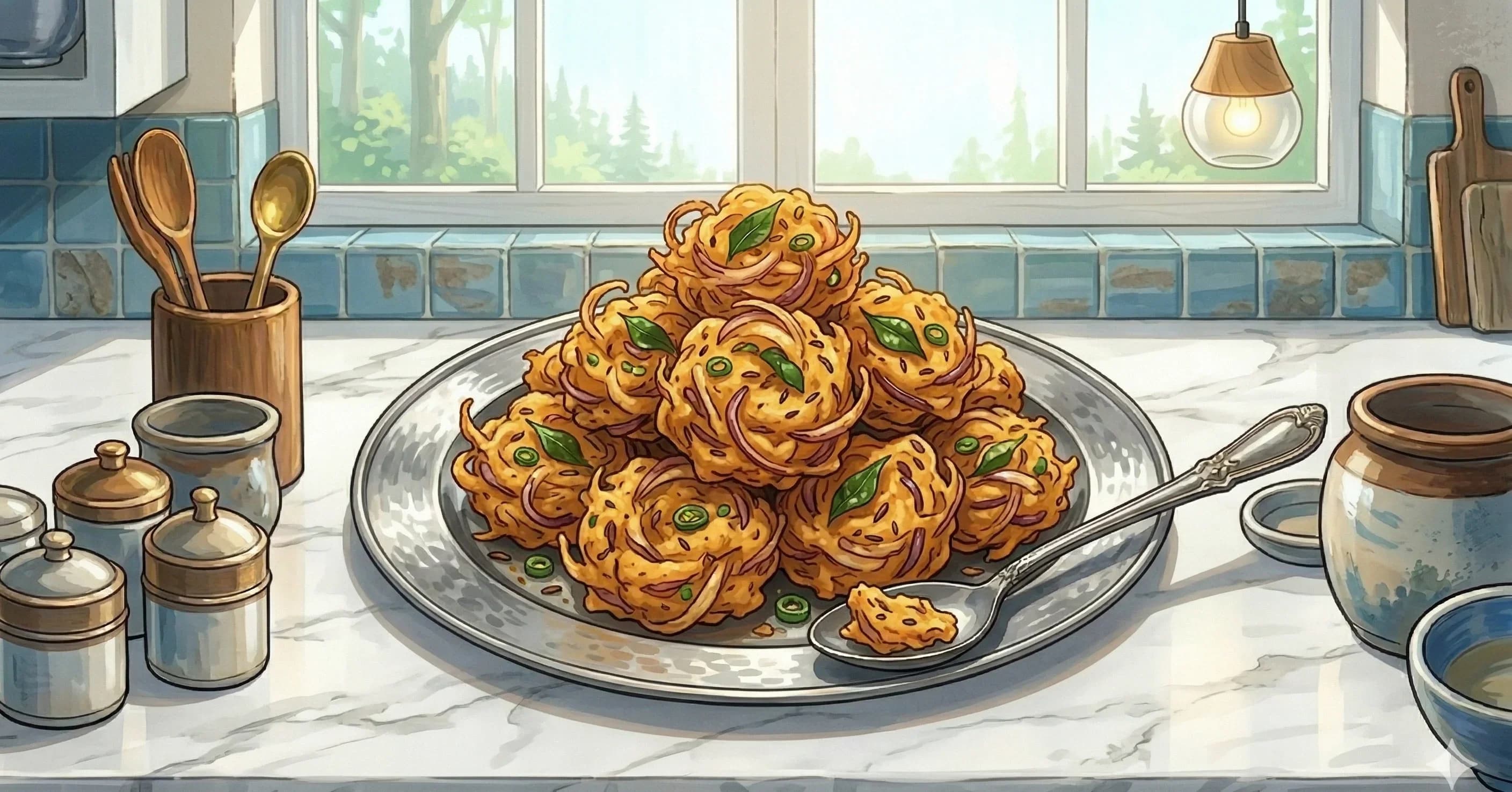 Onion Lentil Fritters (Savala Vada) — Crispy Urad Dal Fritters with Sliced Onion, Green Chilli, and Curry Leaves