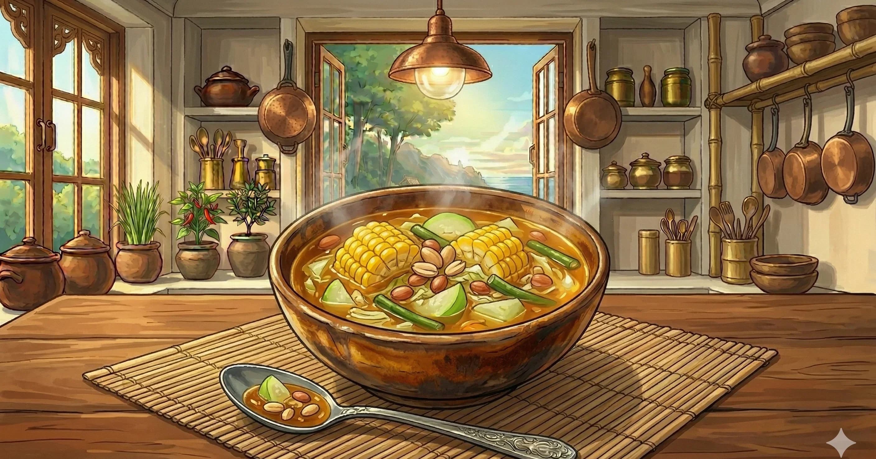 Sayur Asem (Indonesian Tamarind Vegetable Soup) — A bright, sour-sweet tamarind broth packed with corn, chayote, long beans, cabbage, and peanuts, seasoned with a pounded spice paste of candlenuts, shrimp paste, and red chilies