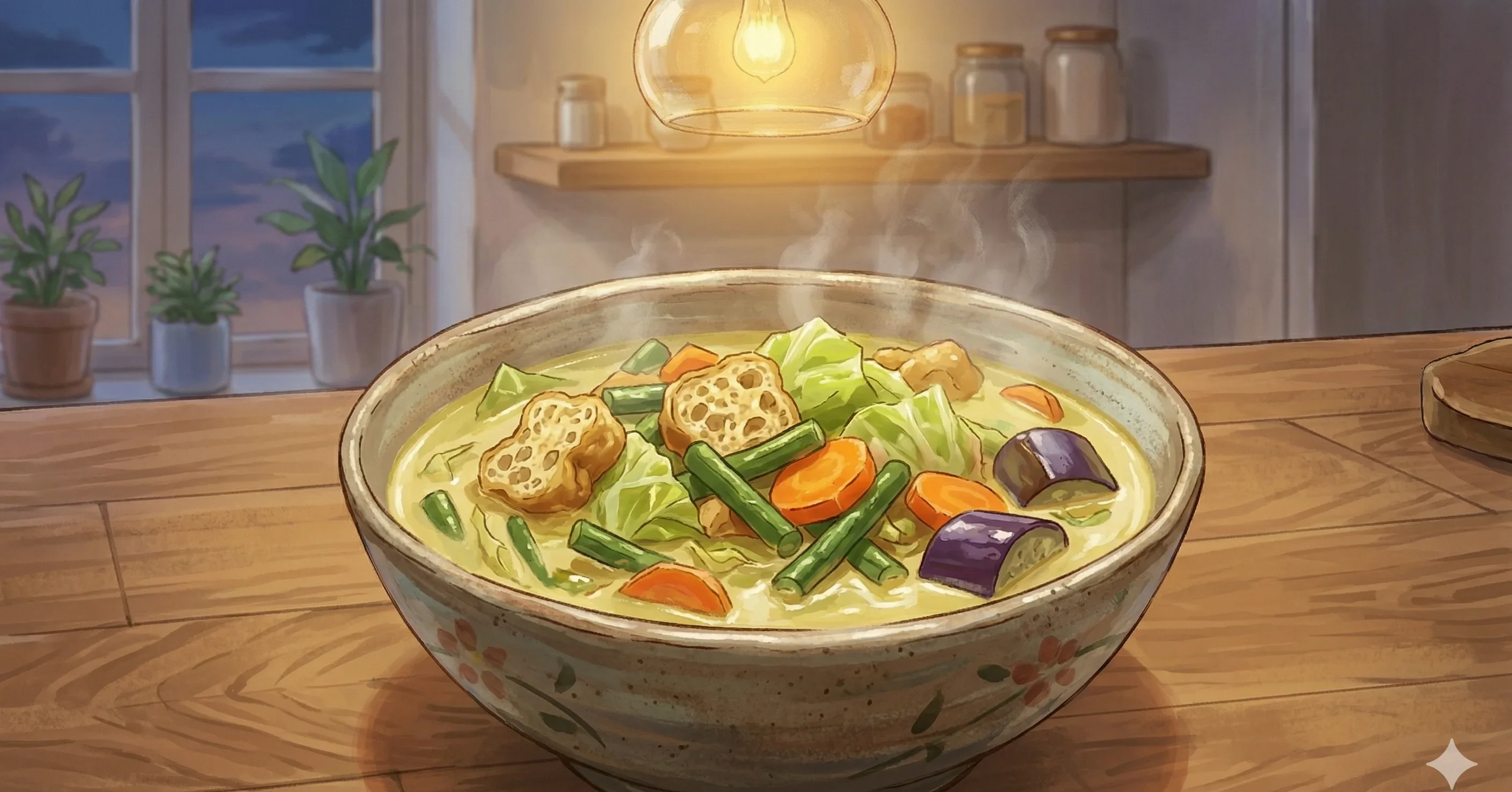 Vegetable Coconut Stew (Sayur Lodeh) — Mixed vegetables simmered in a fragrant coconut milk broth with turmeric, lemongrass, and shrimp paste
