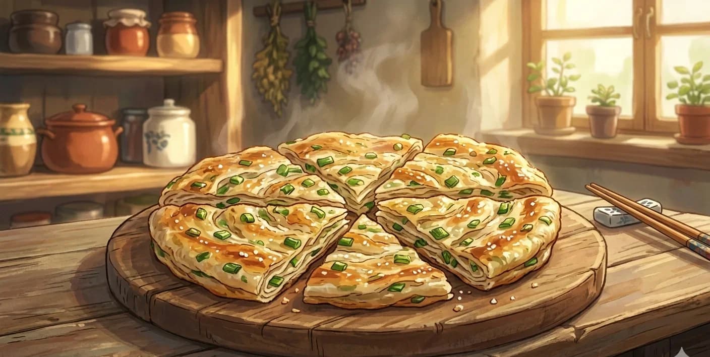 Cong You Bing (Scallion Pancakes) — Flaky, layered Chinese flatbread studded with chopped scallions and toasted in a skillet