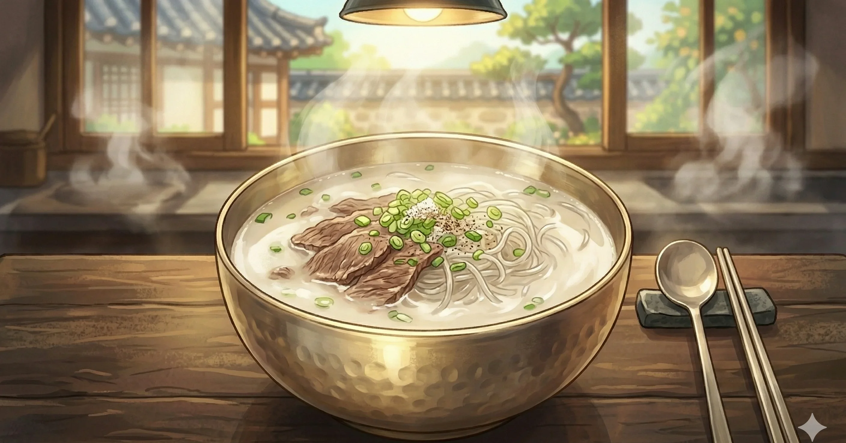 Seolleongtang (Ox Bone Soup) — A milky white beef bone broth simmered for hours until the marrow dissolves into something deeply satisfying