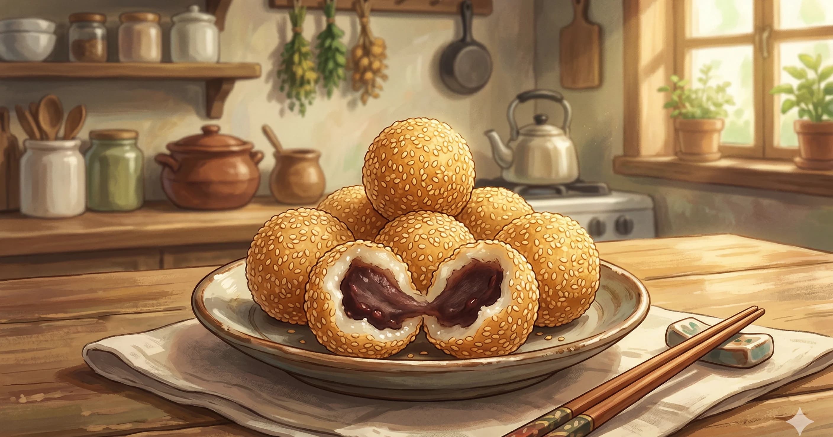 Jian Dui (Sesame Balls) — Crispy, golden fried glutinous rice balls coated in sesame seeds with a sweet red bean paste filling