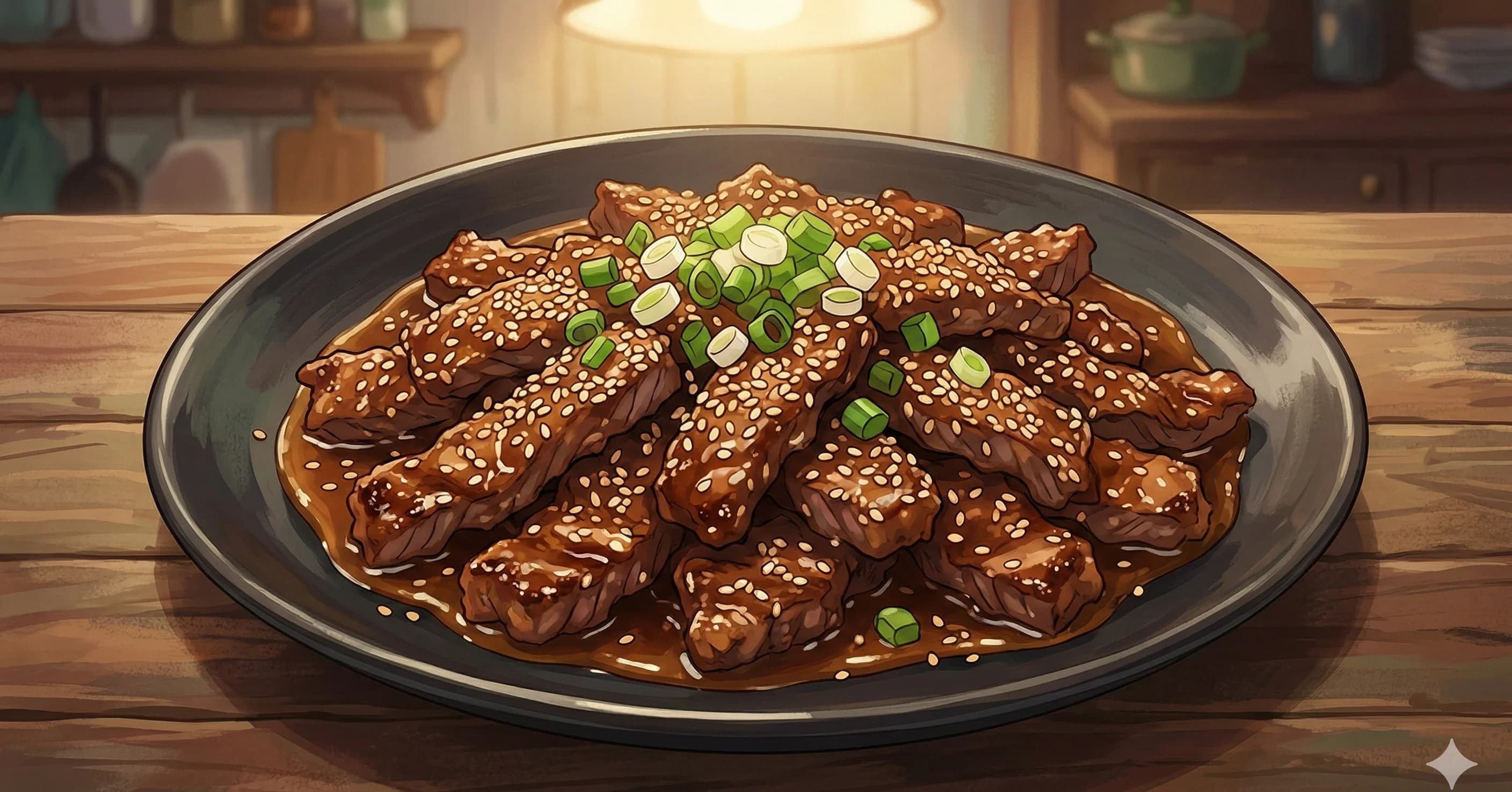Sesame Beef (芝麻牛肉) — Crispy flank steak dredged in sesame seeds and cornstarch, tossed in a sweet-sour soy sauce with garlic and scallions