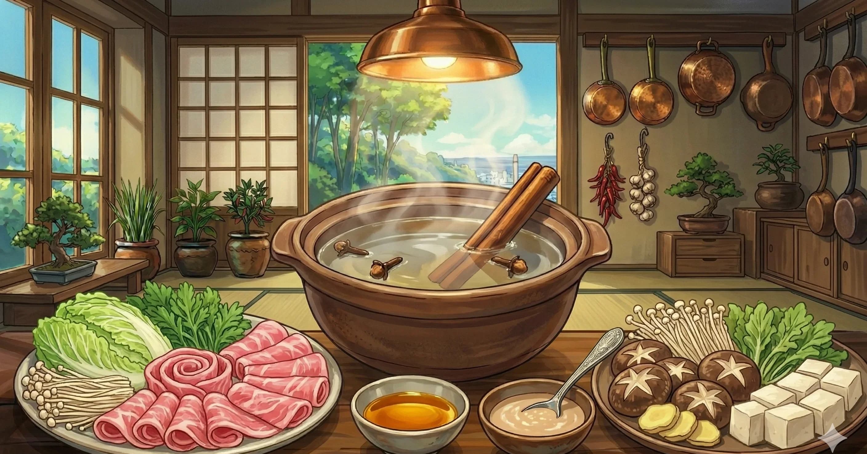Shabu-Shabu (Japanese Hot Pot) — Paper-thin beef swished through kombu broth at the table, served with ponzu and sesame dipping sauces
