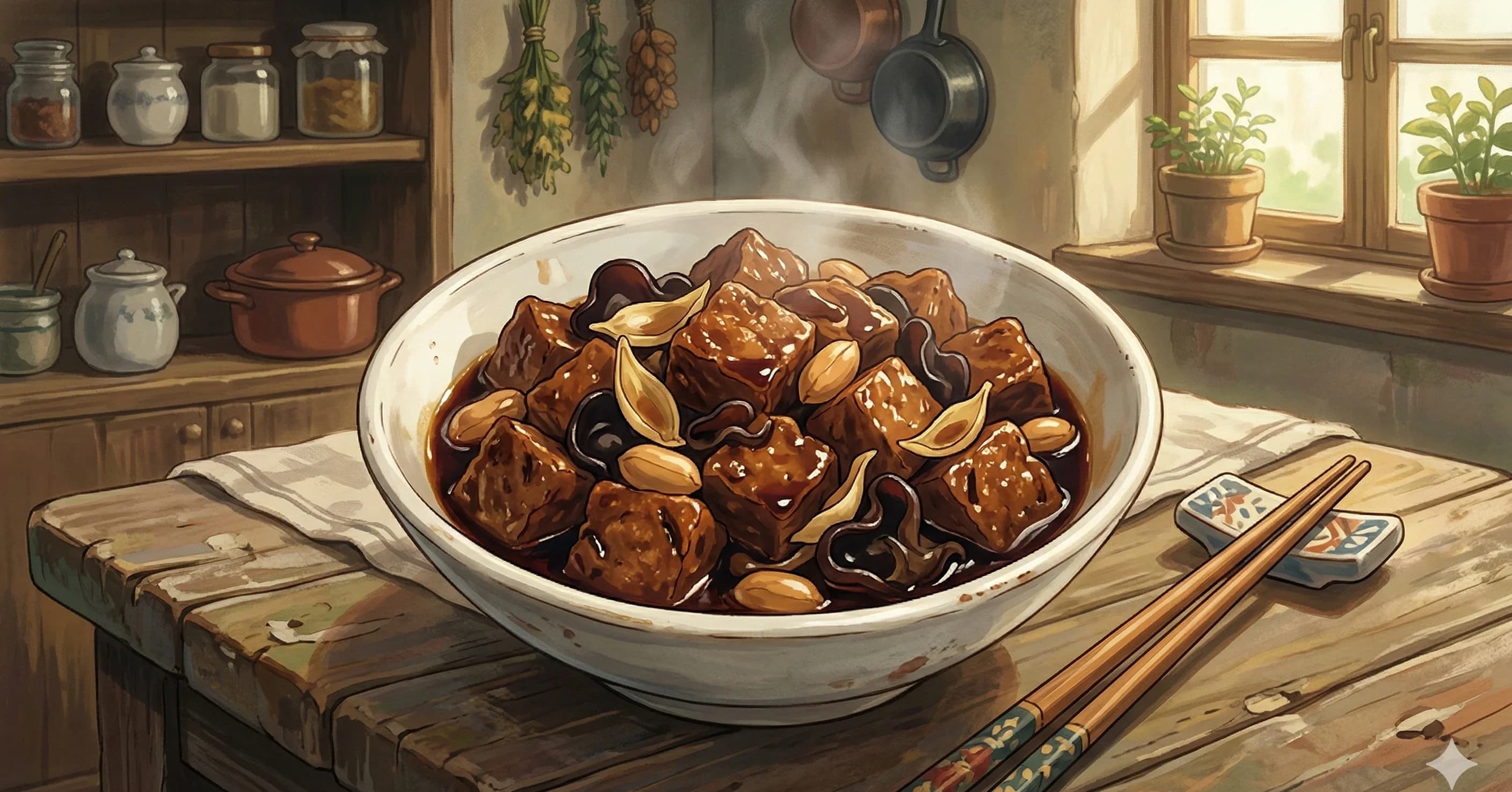 Kao Fu (Shanghai Braised Gluten) — Spongy wheat gluten braised with wood ear mushrooms, lily buds, and peanuts in a sweet-savory sauce