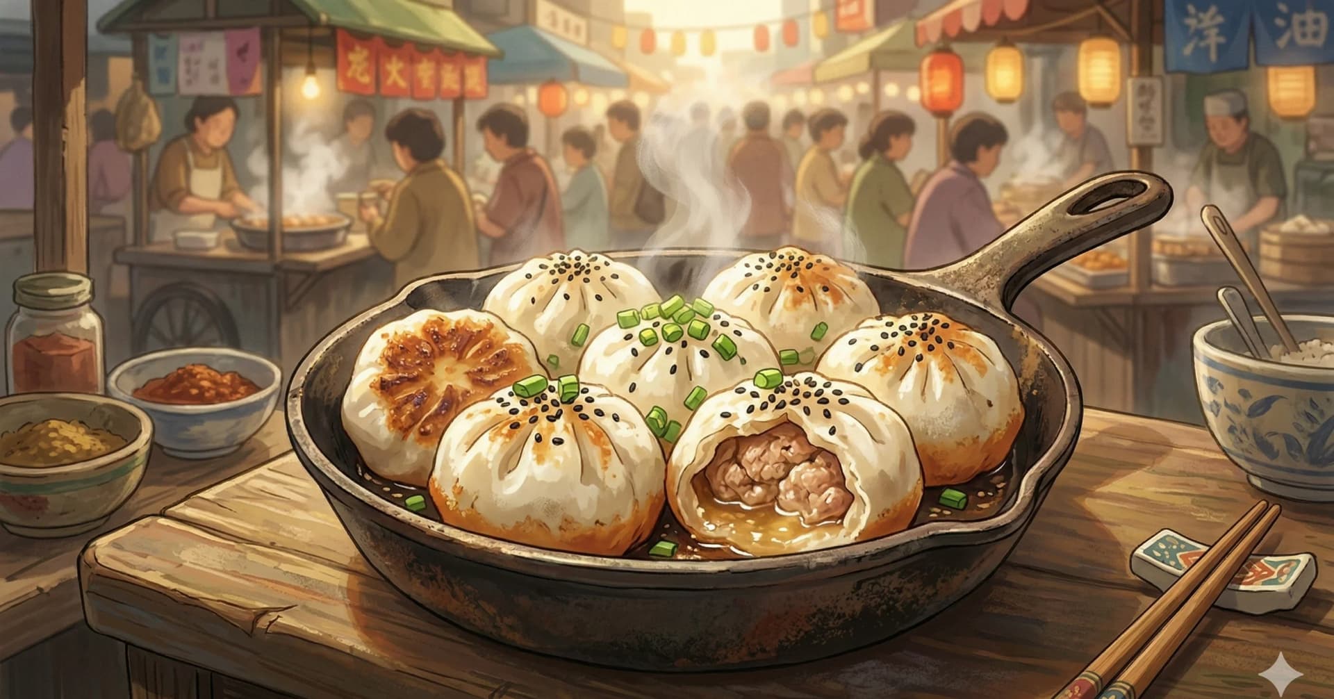 Sheng Jian Bao (Bollos Fritos con Sopa Adentro) — Los icónicos bollos fritos de Shanghái con relleno de cerdo jugoso, base crujiente y tapa suave con ajonjolí y cebollín