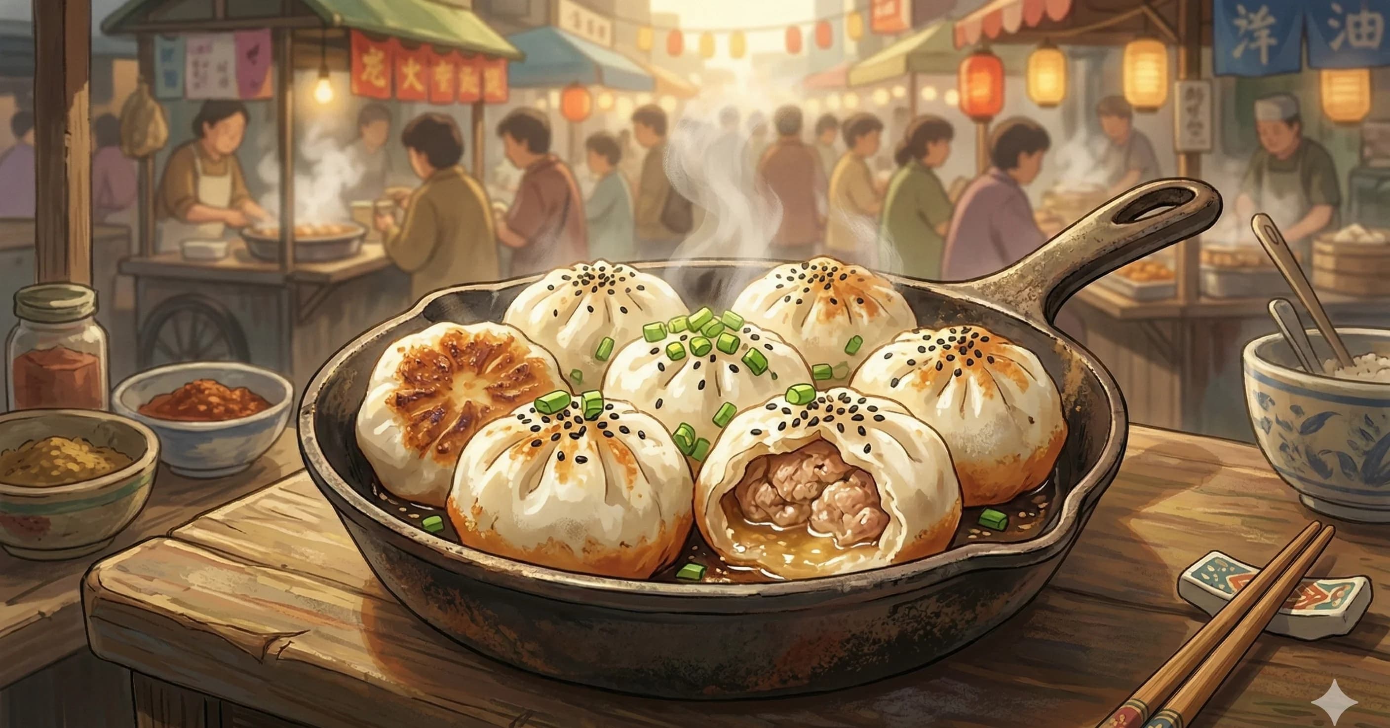 Sheng Jian Bao (Pan-Fried Soup Dumplings) — Shanghai's iconic pan-fried buns with a juicy pork filling, crispy bottom, and sesame-scallion top