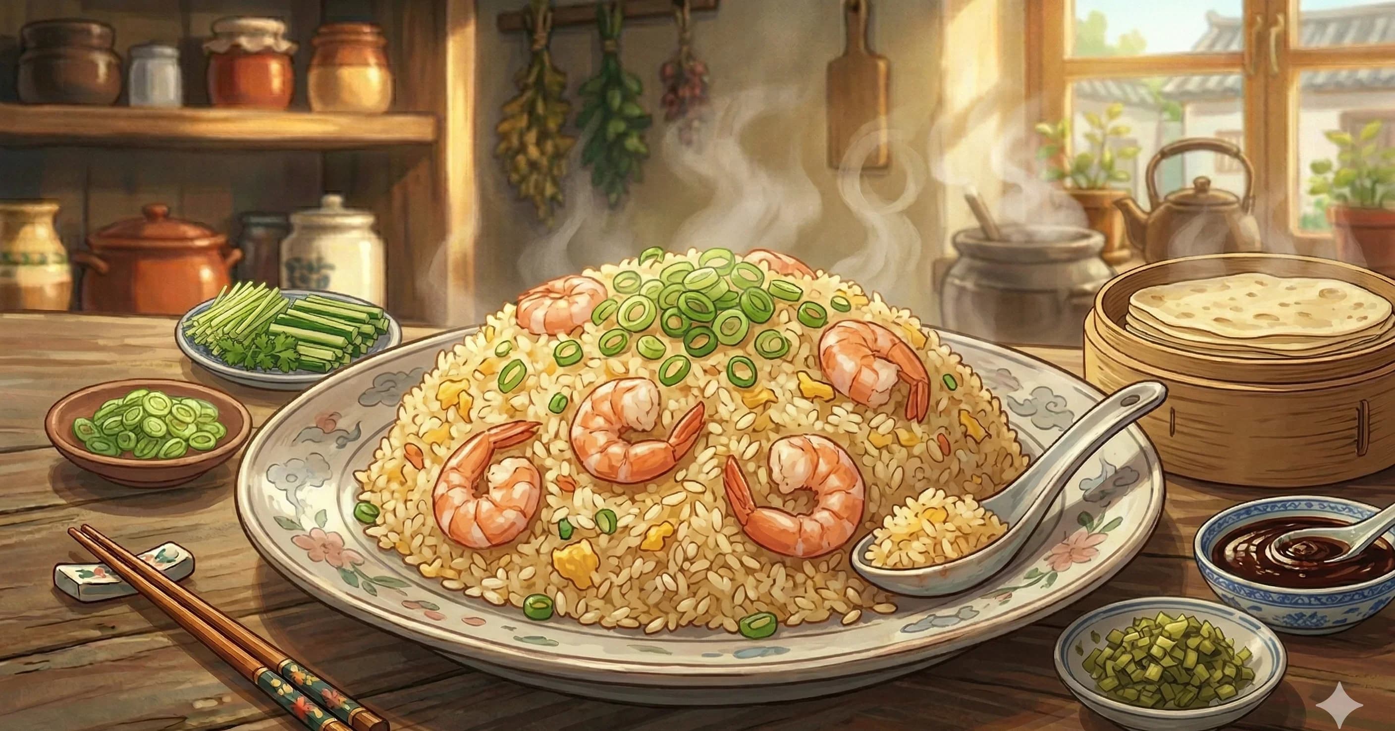 Xia Ren Chao Fan (Shrimp Fried Rice) — Wok-tossed day-old rice with plump shrimp, egg, and scallions in the Cantonese tradition