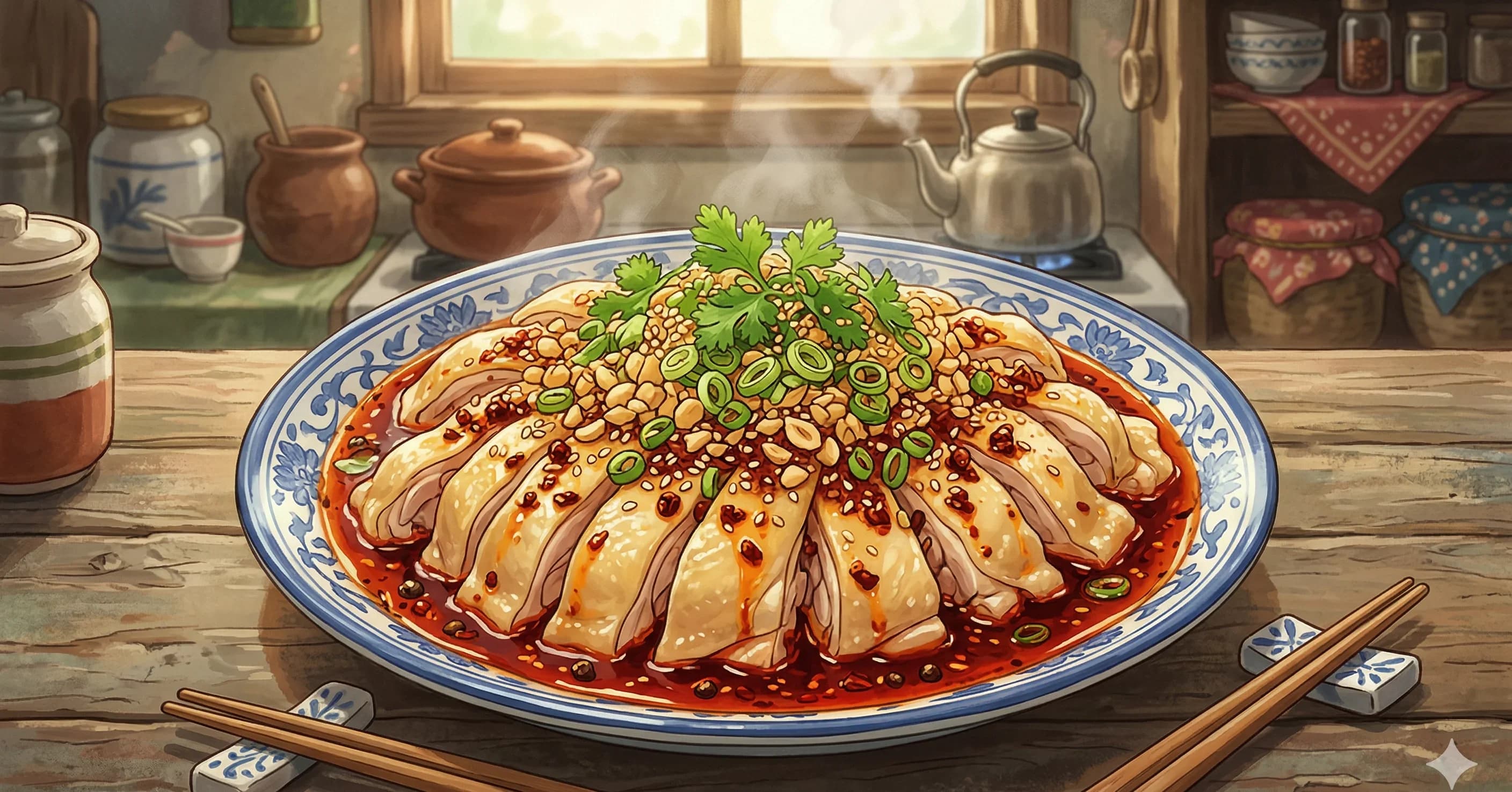 Kou Shui Ji (Sichuan Mouthwatering Chicken) — Poached chicken drenched in a complex Sichuan sauce of chili oil, Sichuan peppercorn, soy, and sesame