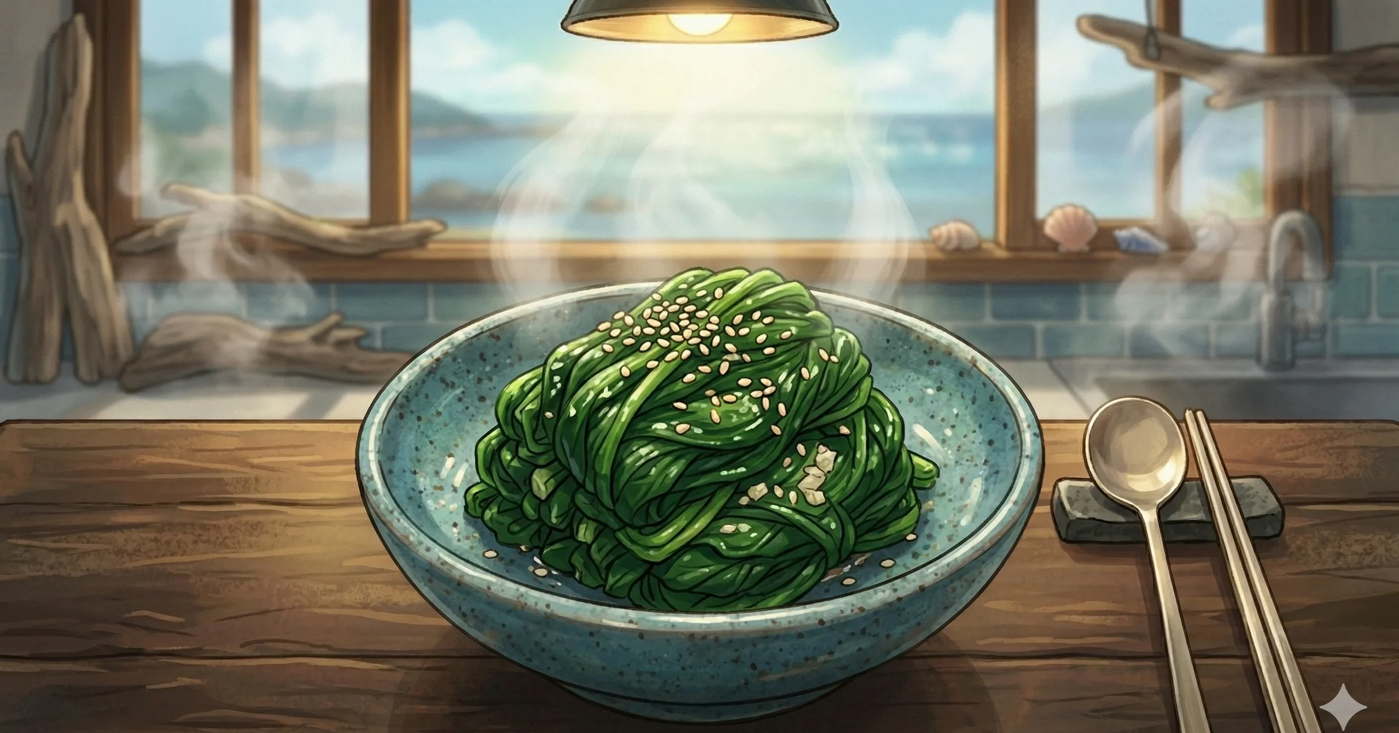 Sigeumchi Namul (Seasoned Spinach) — Blanched spinach dressed with sesame oil, garlic, and a whisper of soy sauce