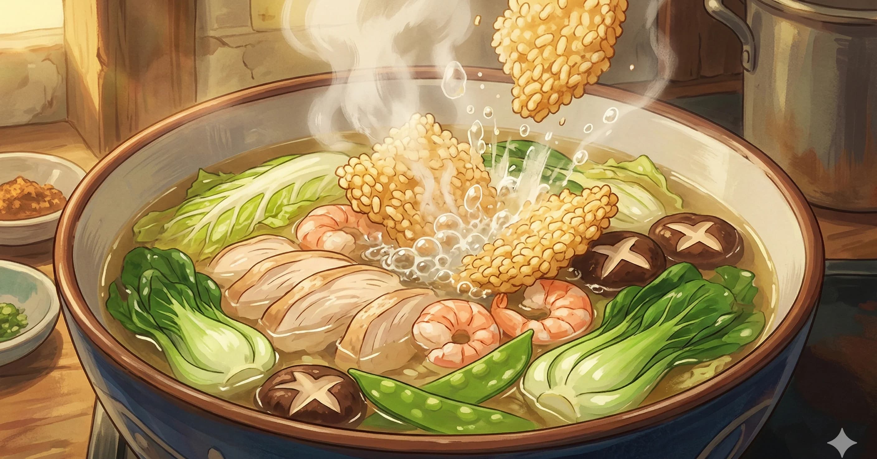 Sizzling Rice Soup (鍋巴湯) — Fried rice crackers dropped tableside into a hot chicken broth loaded with shrimp, chicken, and vegetables for a dramatic sizzle