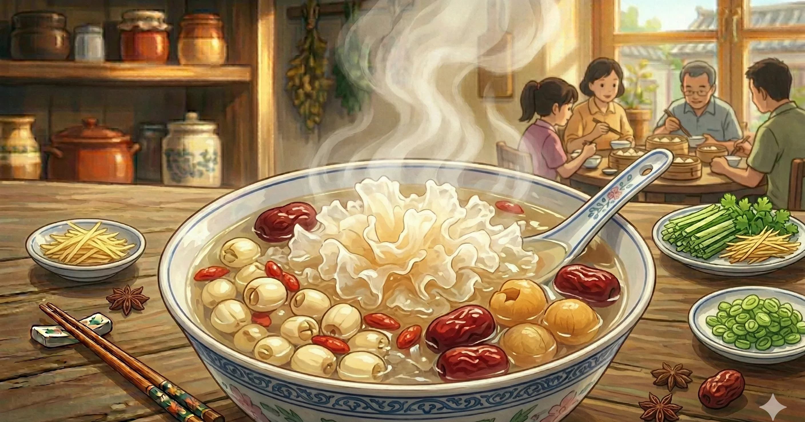 Yin Er Tang (Snow Fungus Dessert Soup) — A delicate, lightly sweet soup of slow-simmered snow fungus with goji berries, lotus seeds, and rock sugar
