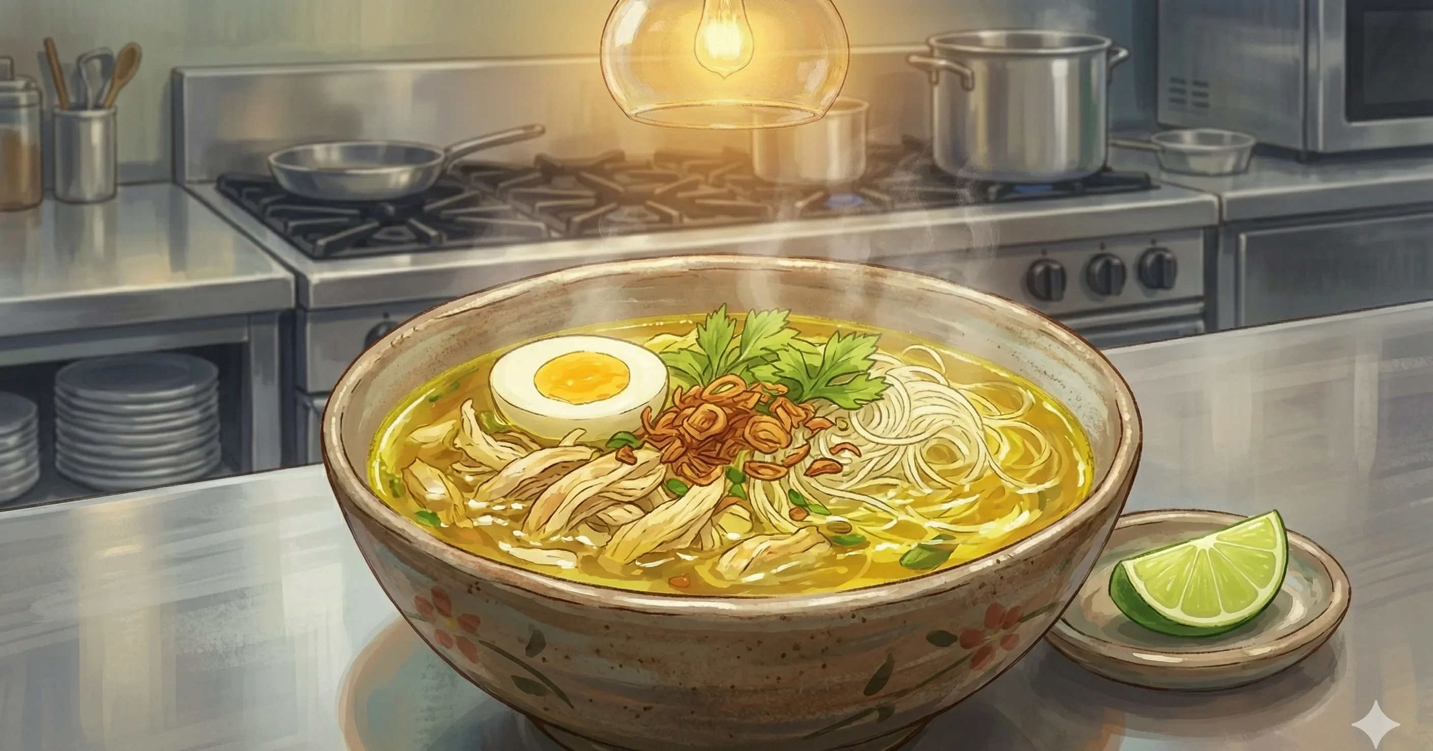 Turmeric Chicken Soup (Soto Ayam) — Turmeric-golden chicken soup with coconut milk, lemongrass, and rice noodles