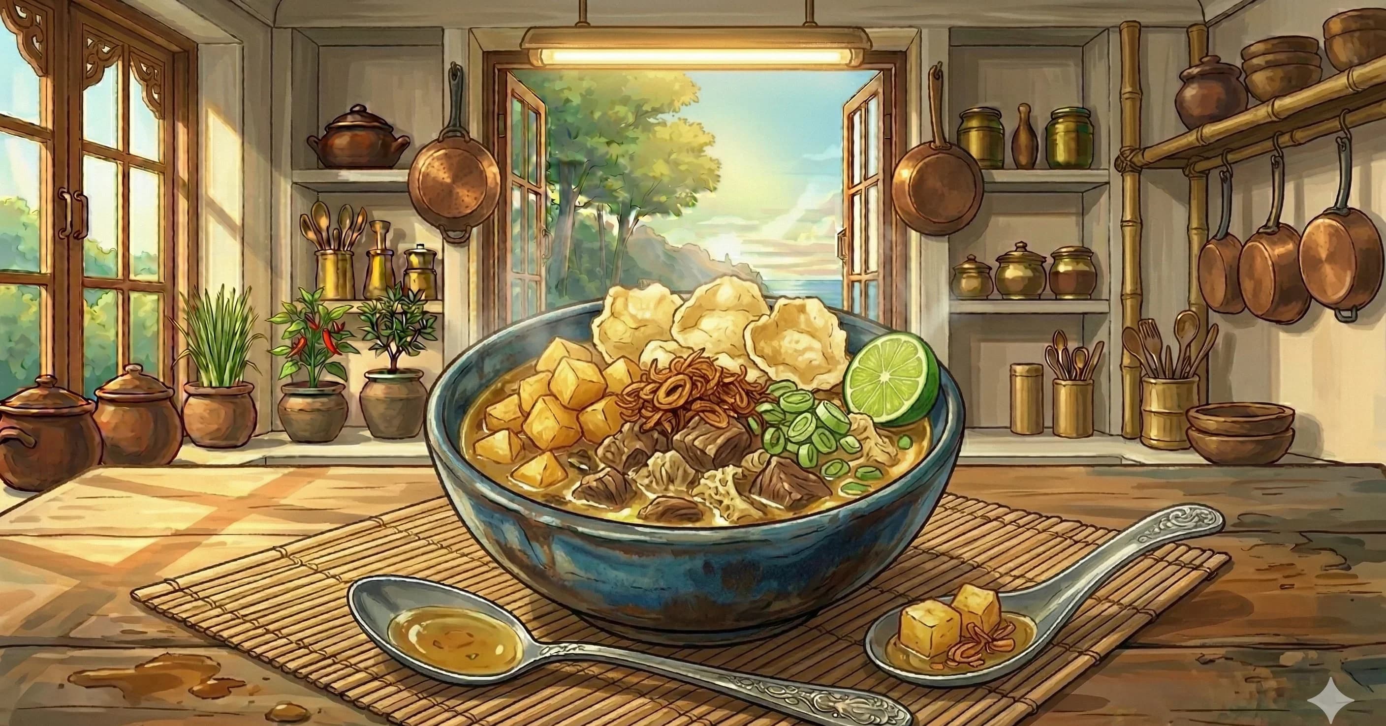 Jakarta Creamy Beef Soup (Soto Betawi) — Jakarta's creamy beef and offal soup simmered in coconut milk and fresh milk with lemongrass, galangal, and candlenuts, served with fried potatoes and emping crackers