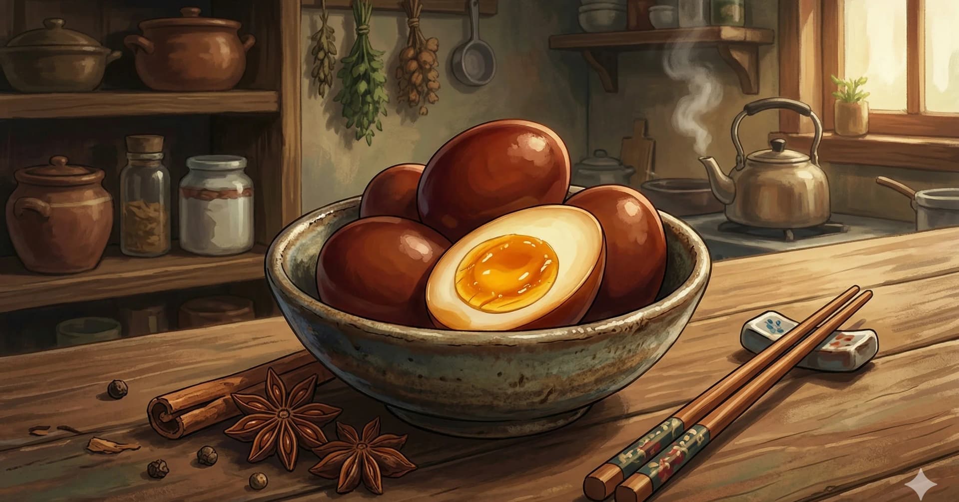 Lu Dan (Soy Braised Eggs) — Hard-boiled eggs steeped in a fragrant soy, star anise, and rock sugar braising liquid