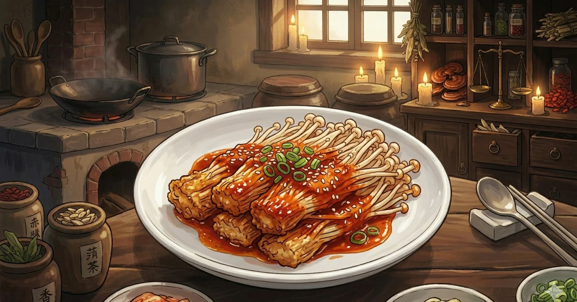 Hongos Enoki Picantes (Maeun Paengi Beoseot) — Hongos enoki con fondo crujiente glaseados en una salsa dulce y picante de gochugaru, terminados con semillas de ajonjolí y cebollitas, estilo banchan coreano