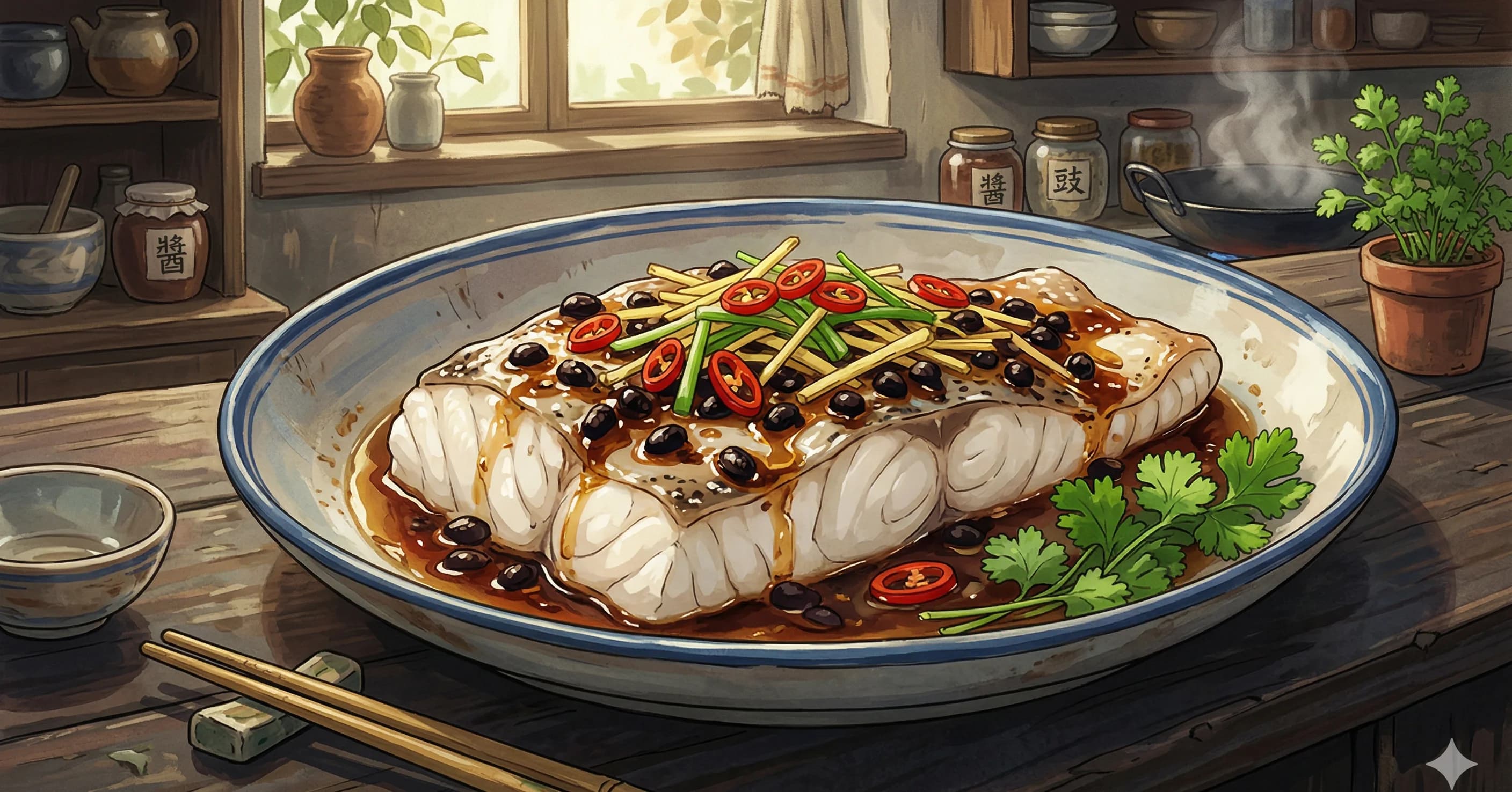 Dou Chi Zheng Yu (Steamed Fish with Black Bean Sauce) — Delicate steamed fish fillets topped with pungent fermented black beans, ginger, and scallion