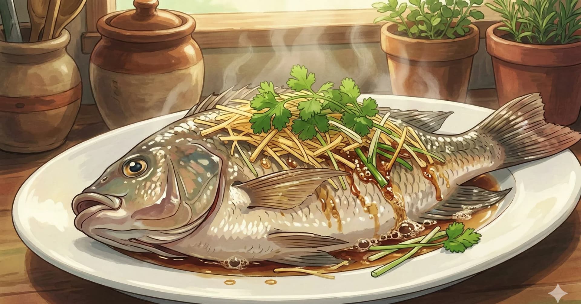 Pescado al Vapor con Jengibre y Cebollín (薑蔥蒸魚) — Pescado entero al vapor con jengibre y cebollín, terminado con aceite humeante vertido sobre aromáticos en juliana y una sabrosa salsa de soya
