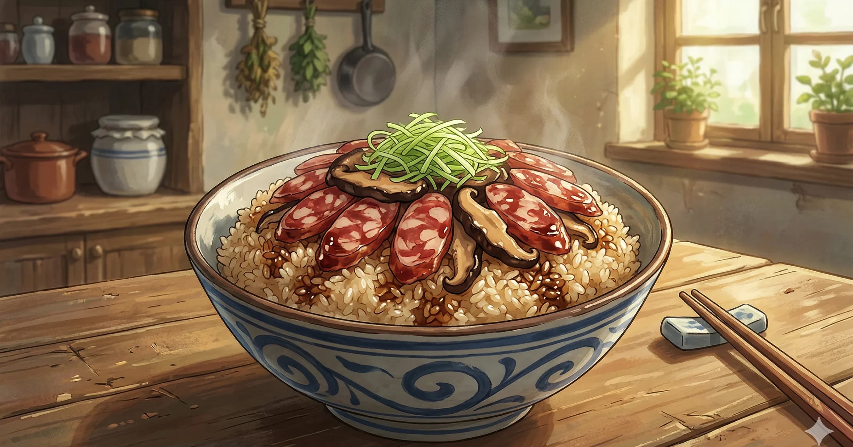 La Chang Fan (Sticky Rice with Chinese Sausage) — Fragrant glutinous rice steamed with sweet cured Chinese sausage, shiitake mushrooms, and soy