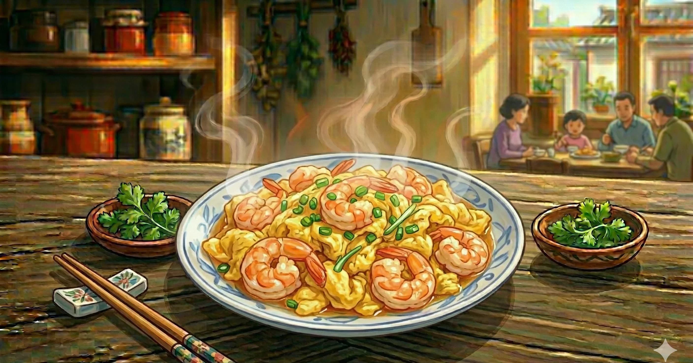 Xia Ren Chao Dan (Stir-Fried Shrimp with Eggs) — A silky Cantonese-style stir-fry of plump shrimp folded into barely set, custardy eggs