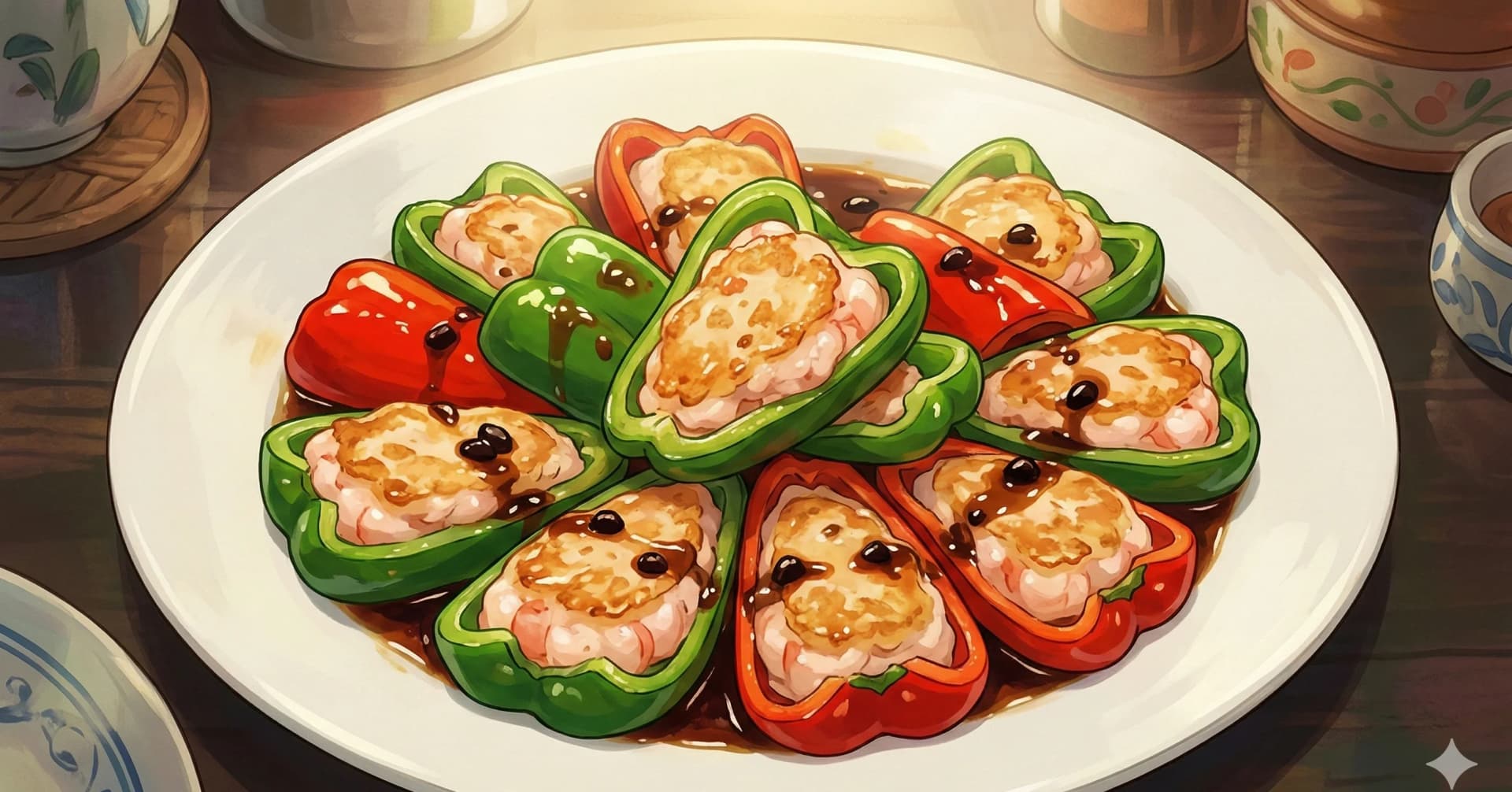 Pimientos Rellenos Chinos (釀辣椒) — Trozos de pimiento morrón rellenos con pasta elástica de camarón y pescado, dorados en sartén y bañados en salsa de frijoles negros fermentados