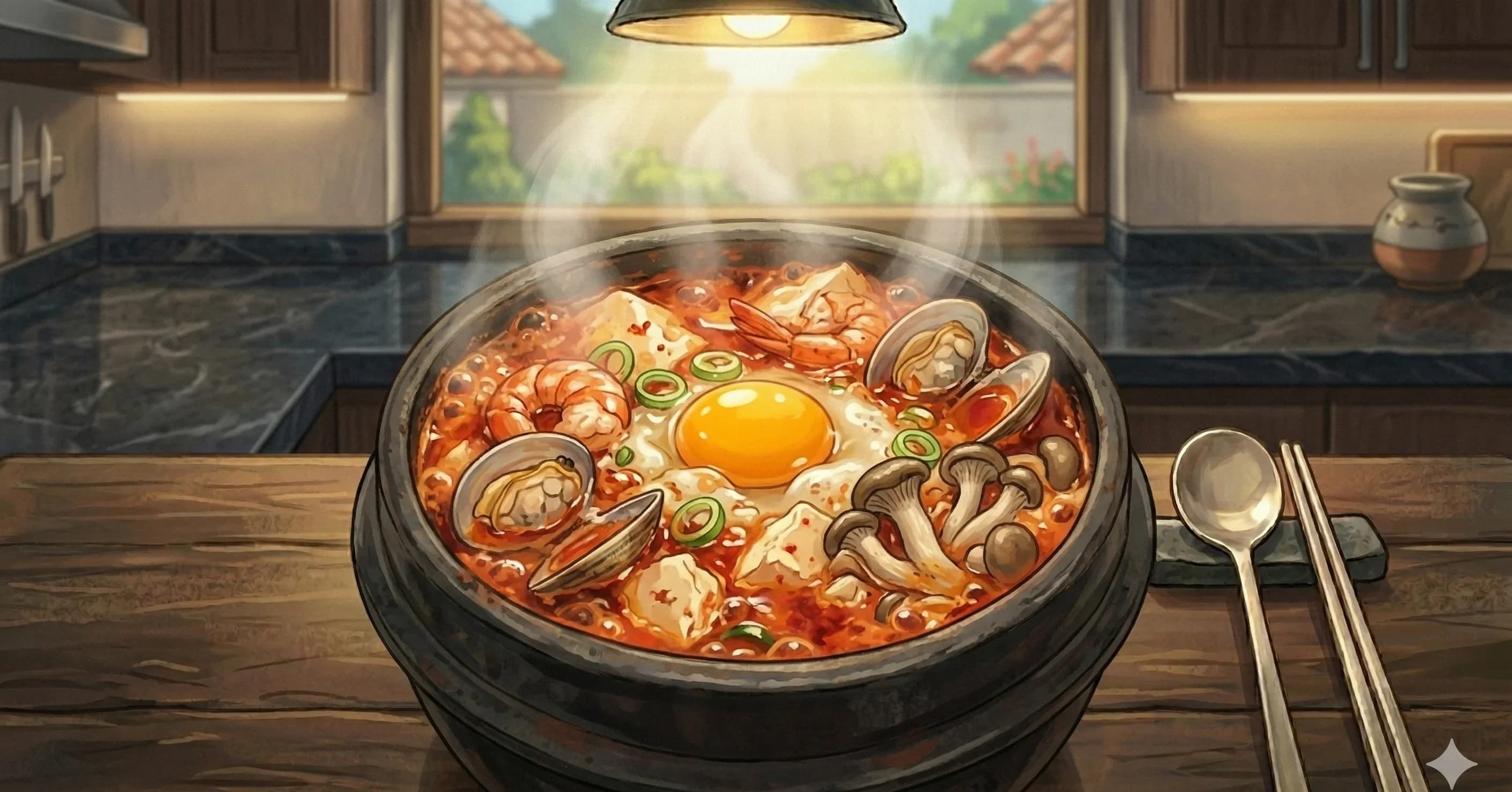 Sundubu Jjigae (Soft Tofu Stew) — A vibrant, spicy stew of silky soft tofu, seafood, and vegetables in a chili-red broth finished with a raw egg