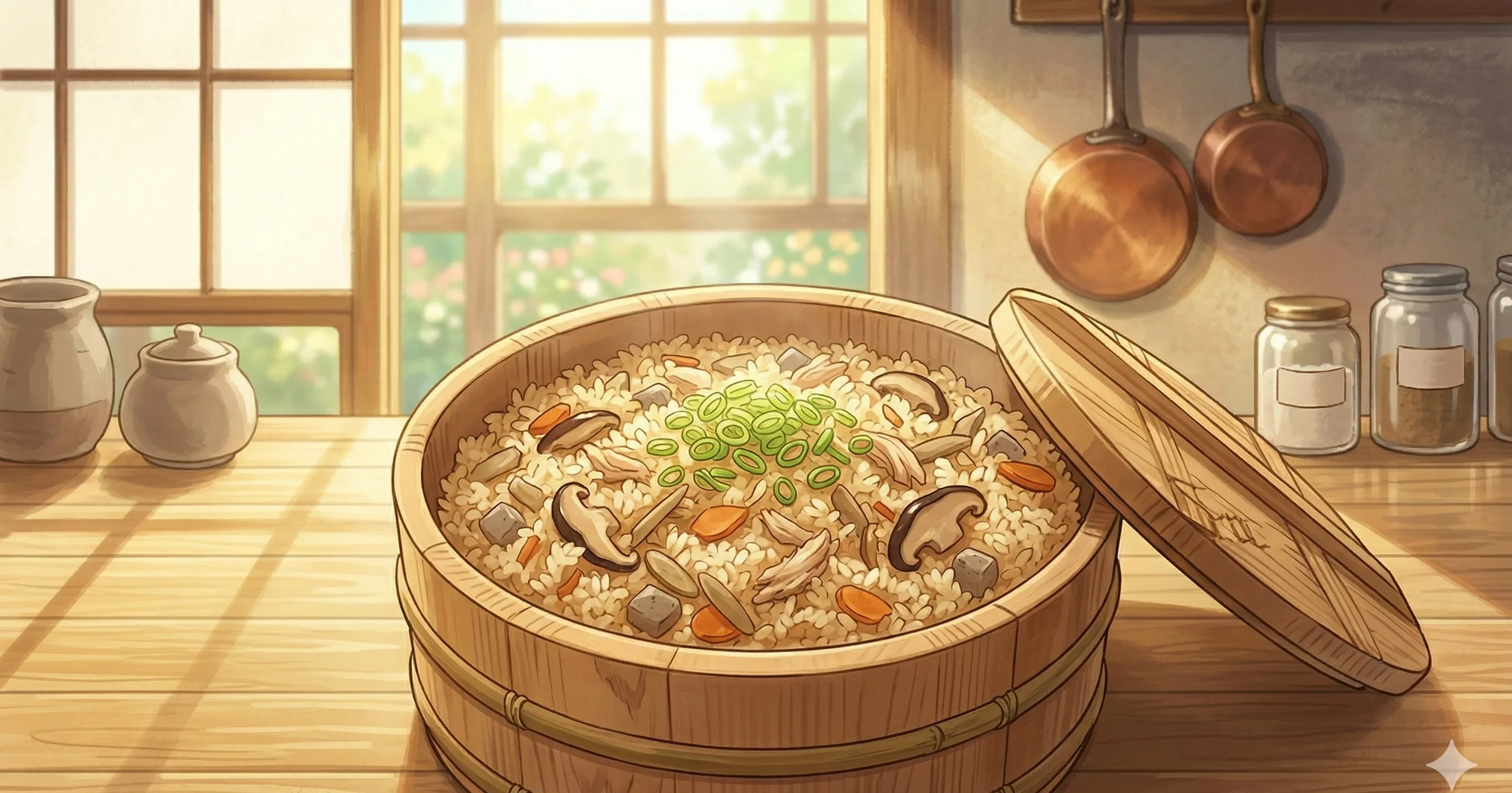 Takikomi Gohan (Japanese Mixed Rice) — Seasoned rice simmered with chicken, mushrooms, burdock root, and soy in a single pot