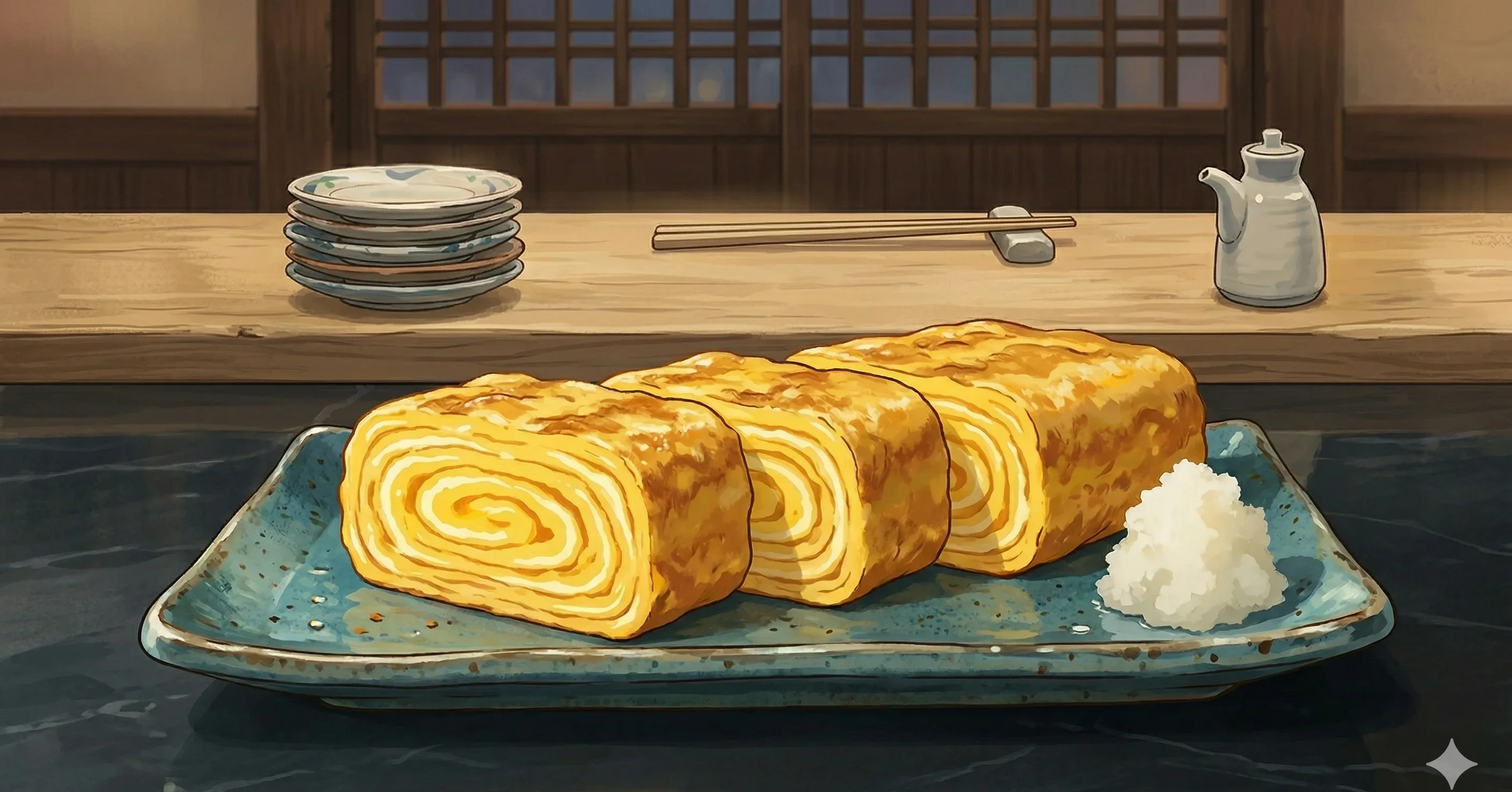 Tamagoyaki (Japanese Rolled Omelette) — A sweet, layered egg roll built one thin sheet at a time in a rectangular pan, silky inside with a faintly caramelized surface