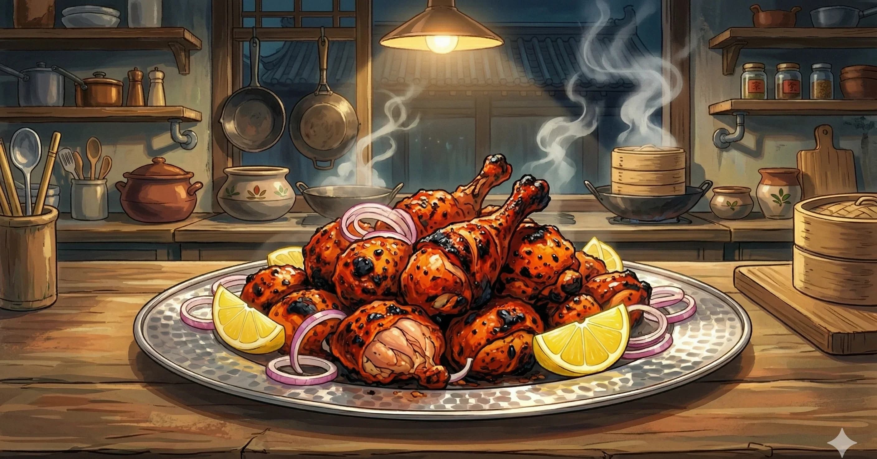 Tandoori Chicken — Whole chicken marinated in yoghurt cheese and spices, cooked in the tandoor