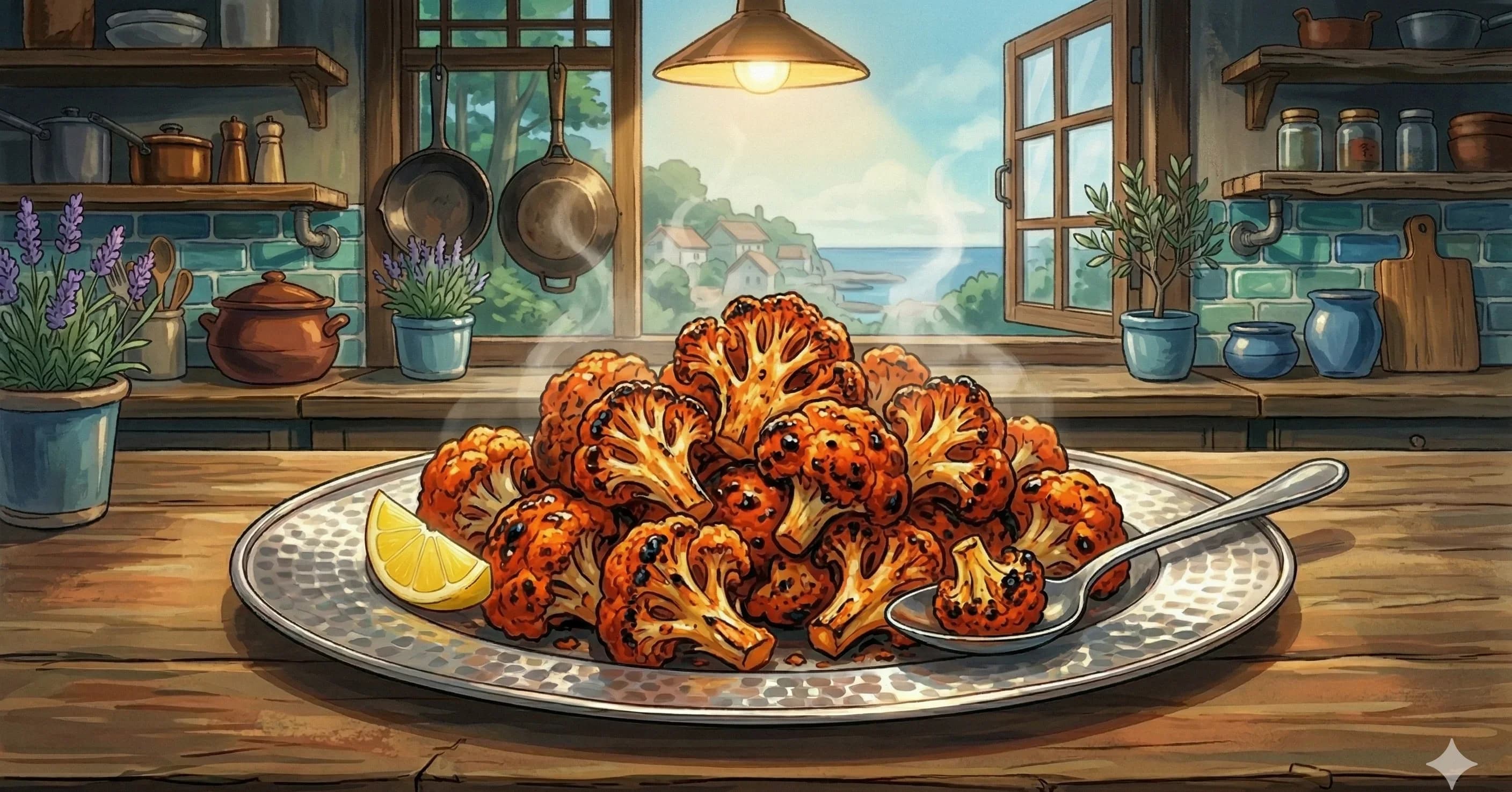 Tandoori Gobi — Cauliflower florets marinated in a spiced gram flour batter with ajwain, shallow-fried then finished in the tandoor