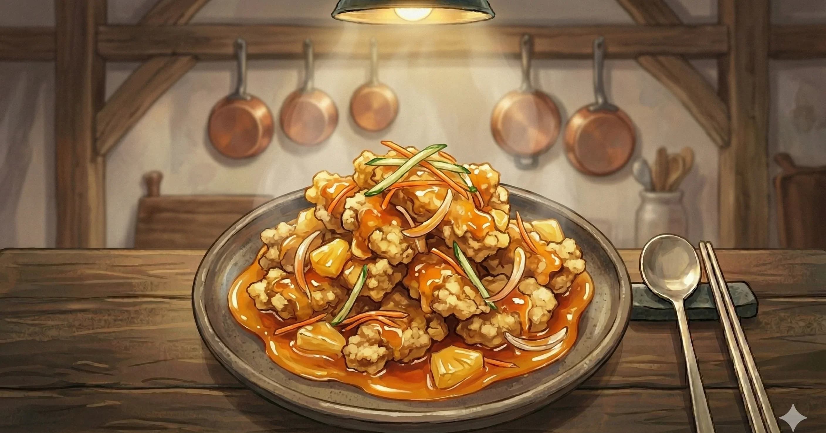 Tangsuyuk (탕수육) — Double-fried pork in a solidified potato starch batter with a bright sweet and sour sauce of pineapple, vegetables, and vinegar