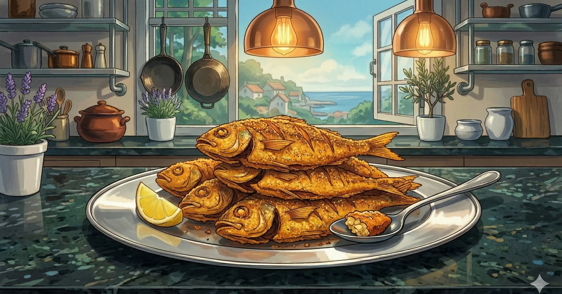 Pescado Frito Parsi (Tareli Machi) — Pescado parsi frito en sartén con cúrcuma, comino y chile rojo en aceite de ajonjolí
