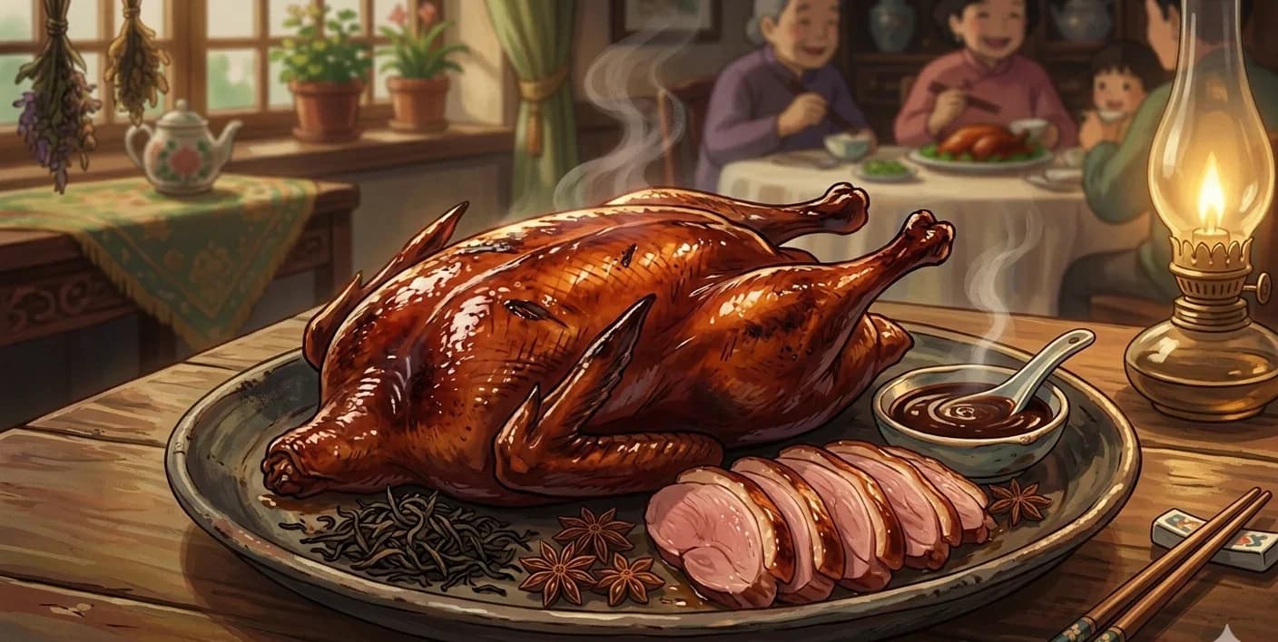 Tea-Smoked Duck — Sichuan-style duck brined with star anise and Sichuan peppercorn, then smoked over tea leaves and rice