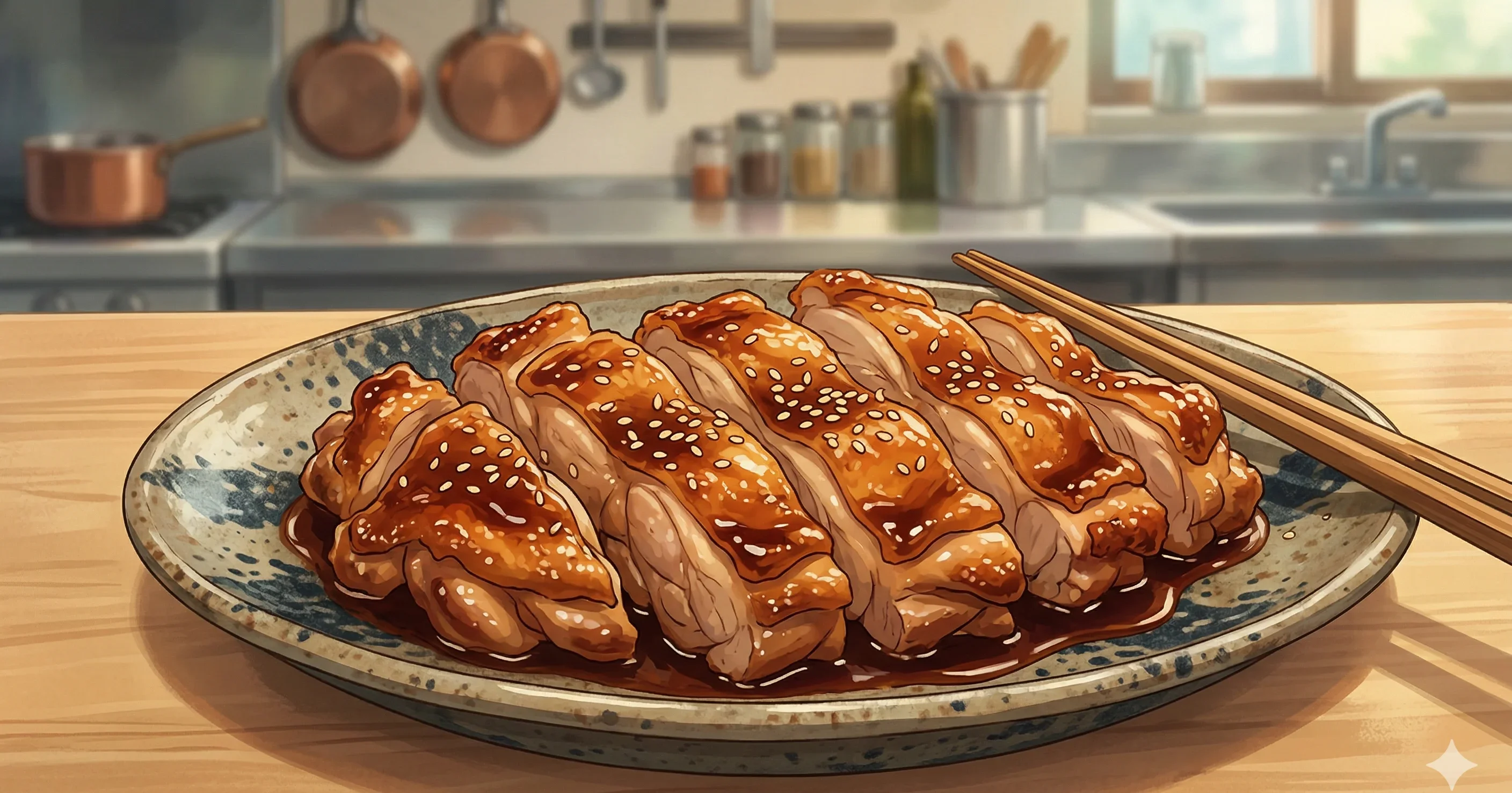 Chicken Teriyaki — Pan-seared chicken thighs glazed in a homemade sauce of soy, mirin, sake, and sugar until lacquered and glossy
