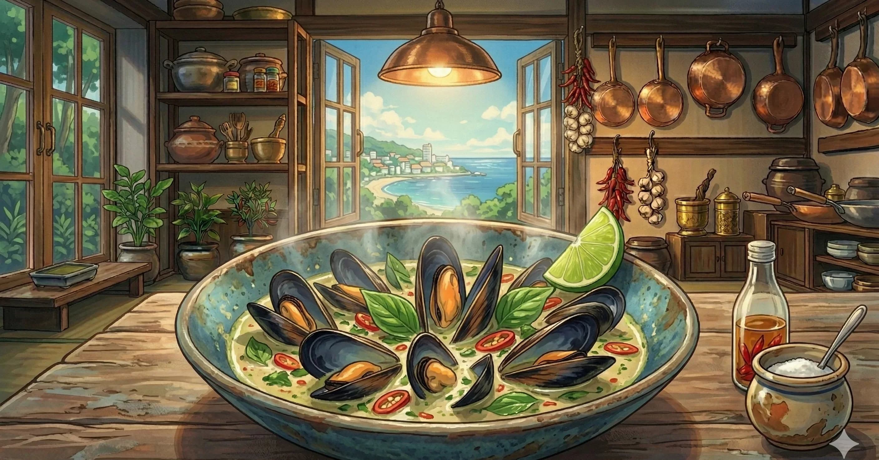 Thai Coconut Curry Mussels — Mussels steamed open in a rich coconut broth built on a pounded paste of cilantro, garlic, coriander, and green curry, finished with lime and fresh chili