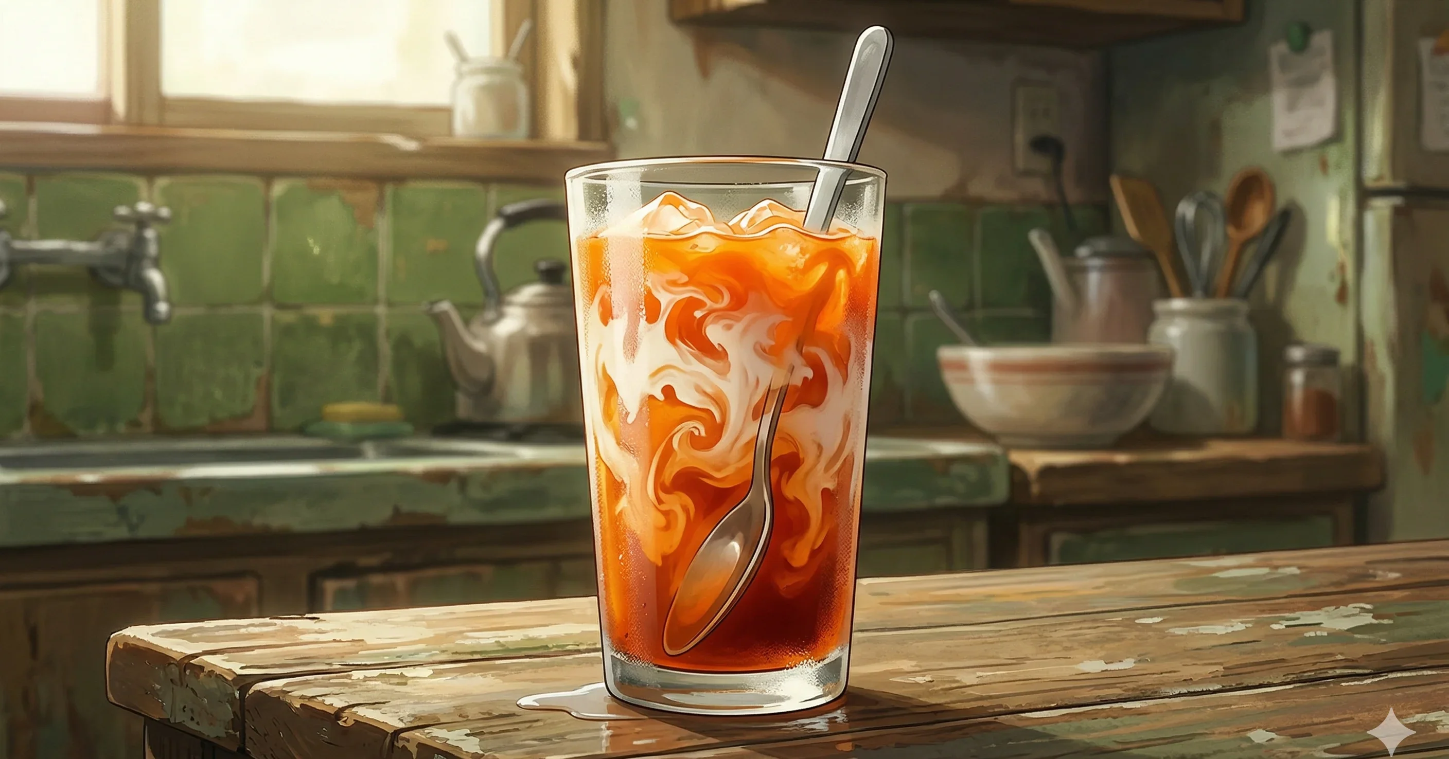 Thai Iced Tea (ชาเย็น) — Vibrant orange-amber tea steeped with star anise and vanilla, sweetened with condensed milk and poured over ice