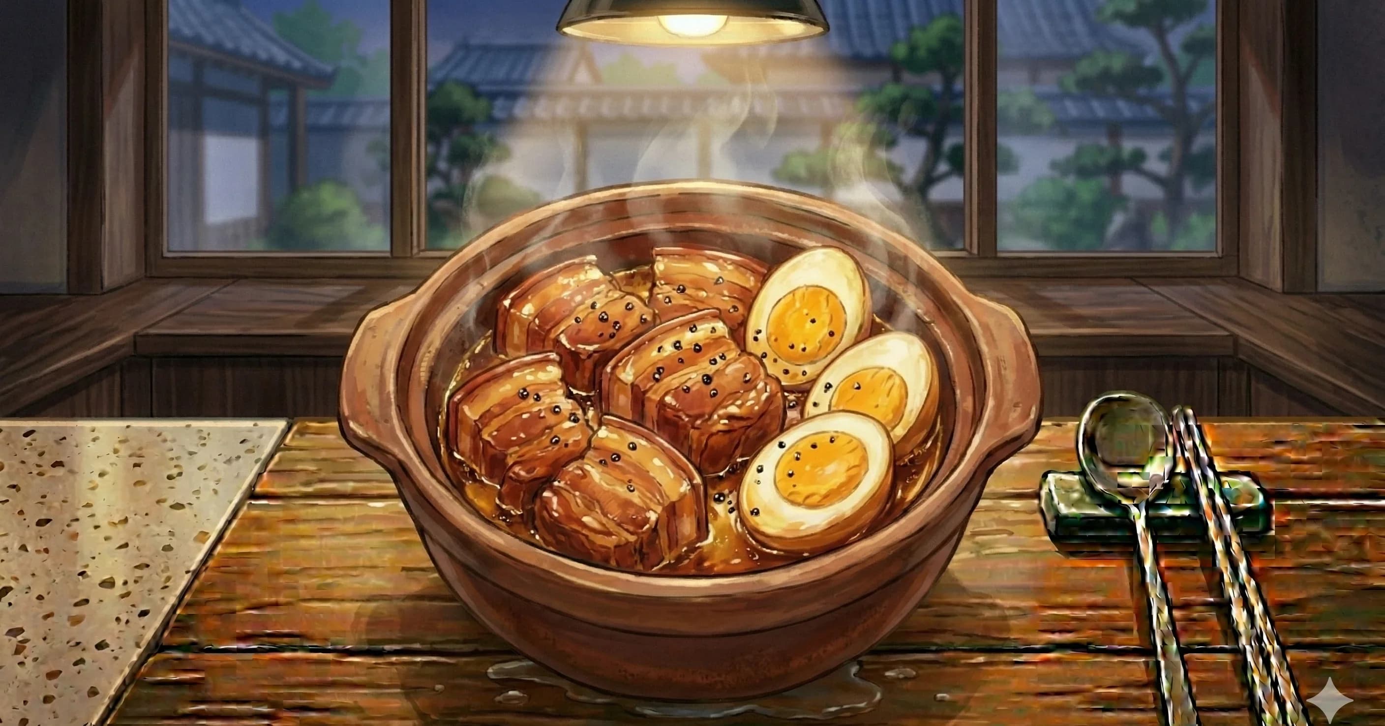 Thit Kho Tau (Thịt Kho Tàu) — Pork belly and eggs braised in a coconut water caramel until deeply colored and meltingly tender