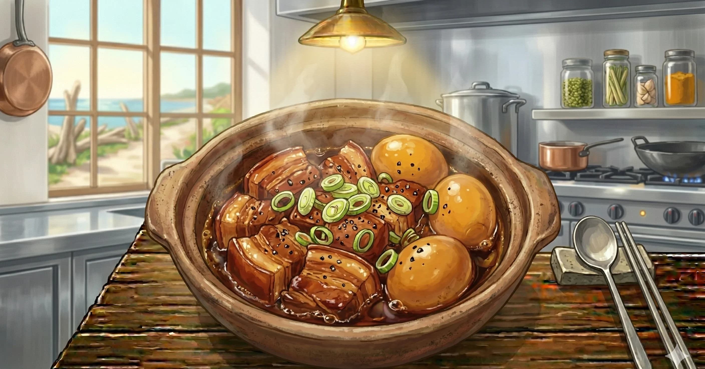 Thit Kho Trung (Vietnamese Caramelized Pork Belly and Eggs) — Tender pork belly and hard-boiled eggs braised low and slow in a coconut water caramel sauce perfumed with fish sauce and black pepper, spooned over steamed rice