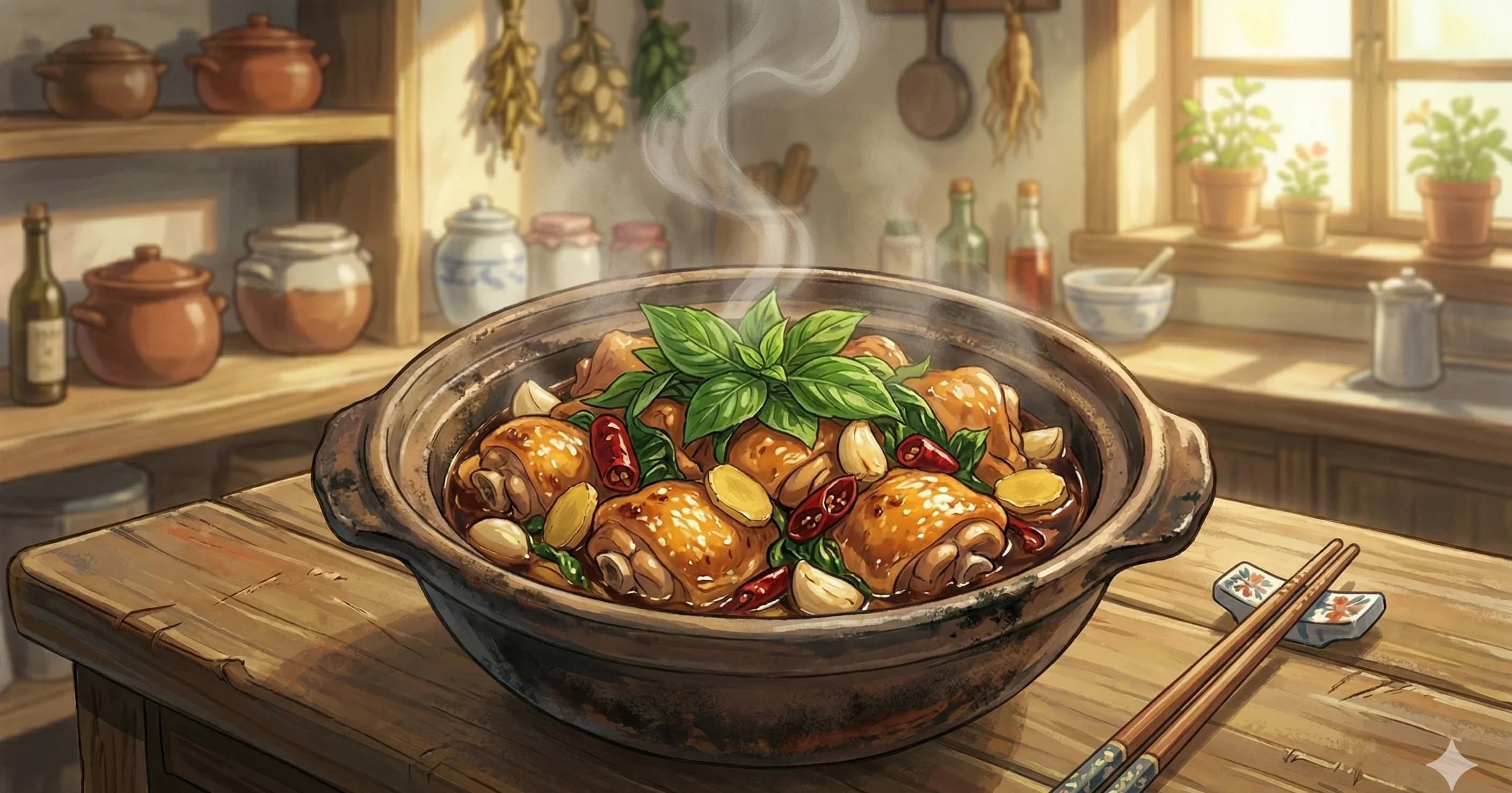 San Bei Ji (Three Cup Chicken) — Taiwanese braised chicken with soy sauce, sesame oil, and rice wine, finished with Thai basil