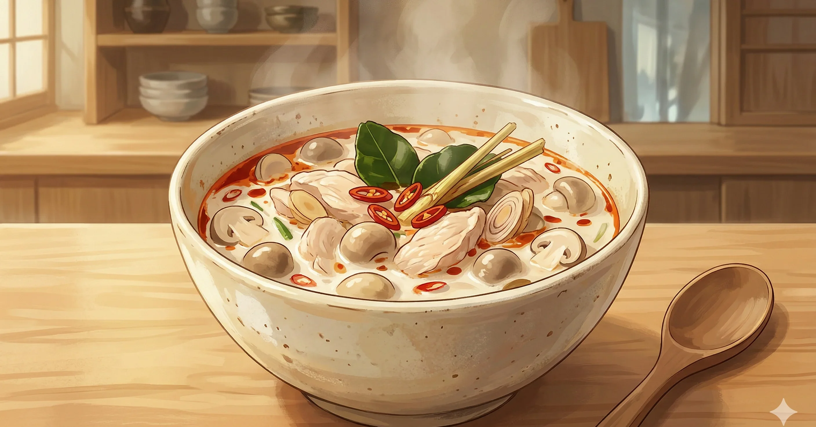 Tom Kha Gai (Thai Coconut Galangal Chicken Soup) — A silky, aromatic Thai soup of chicken simmered in coconut milk with galangal, lemongrass, and makrut lime leaves, finished with a bright squeeze of lime