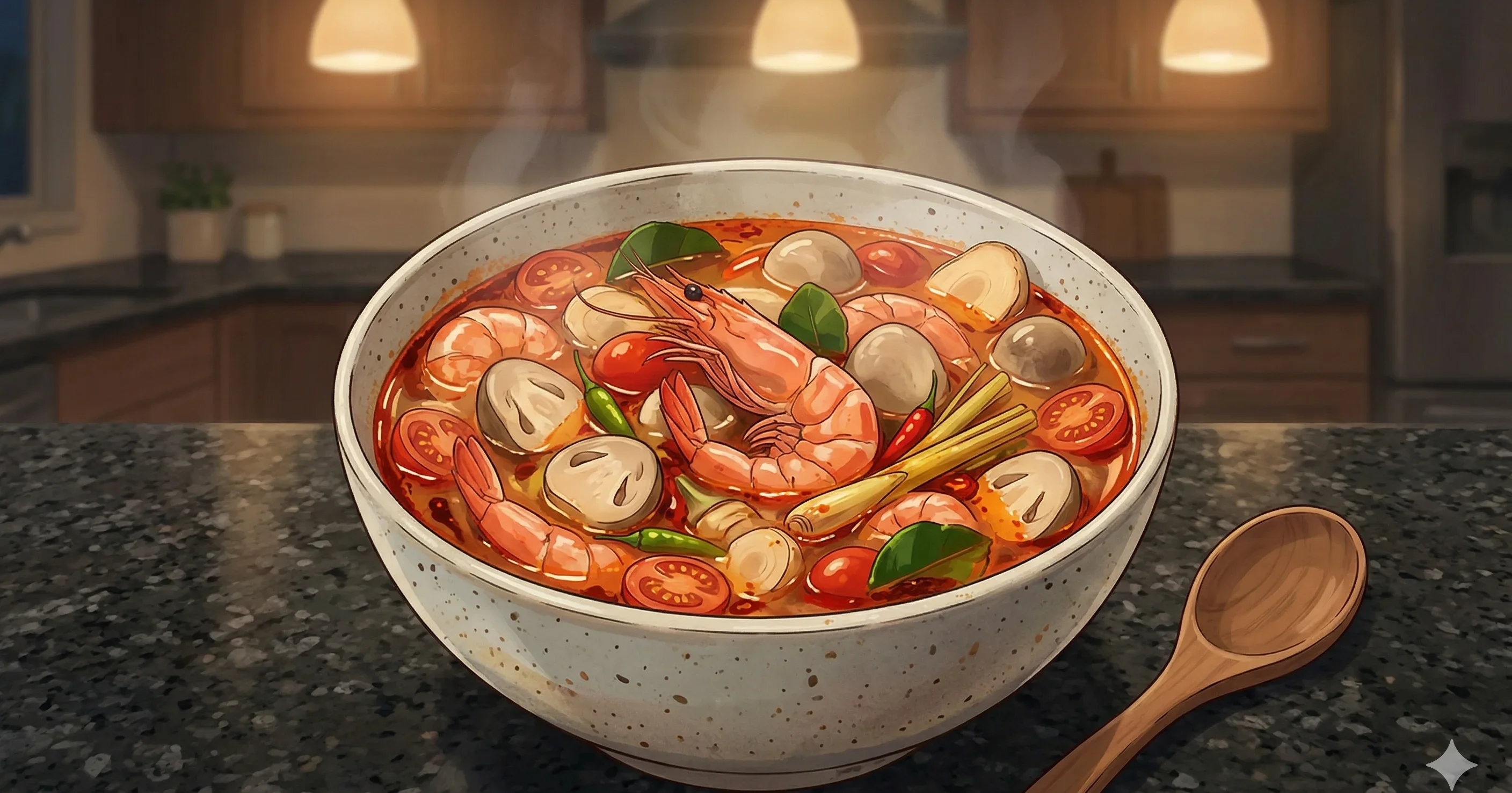 Tom Yum Goong — Hot and sour shrimp soup with lemongrass, galangal, and makrut lime