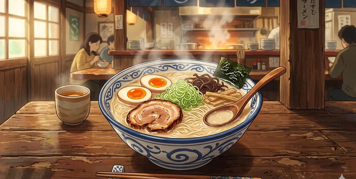 Tonkotsu Ramen (Pork Bone Broth Ramen) — A milky, collagen-rich pork bone broth ladled over springy noodles, built in layers from cold-brew dashi and hidden seasonings