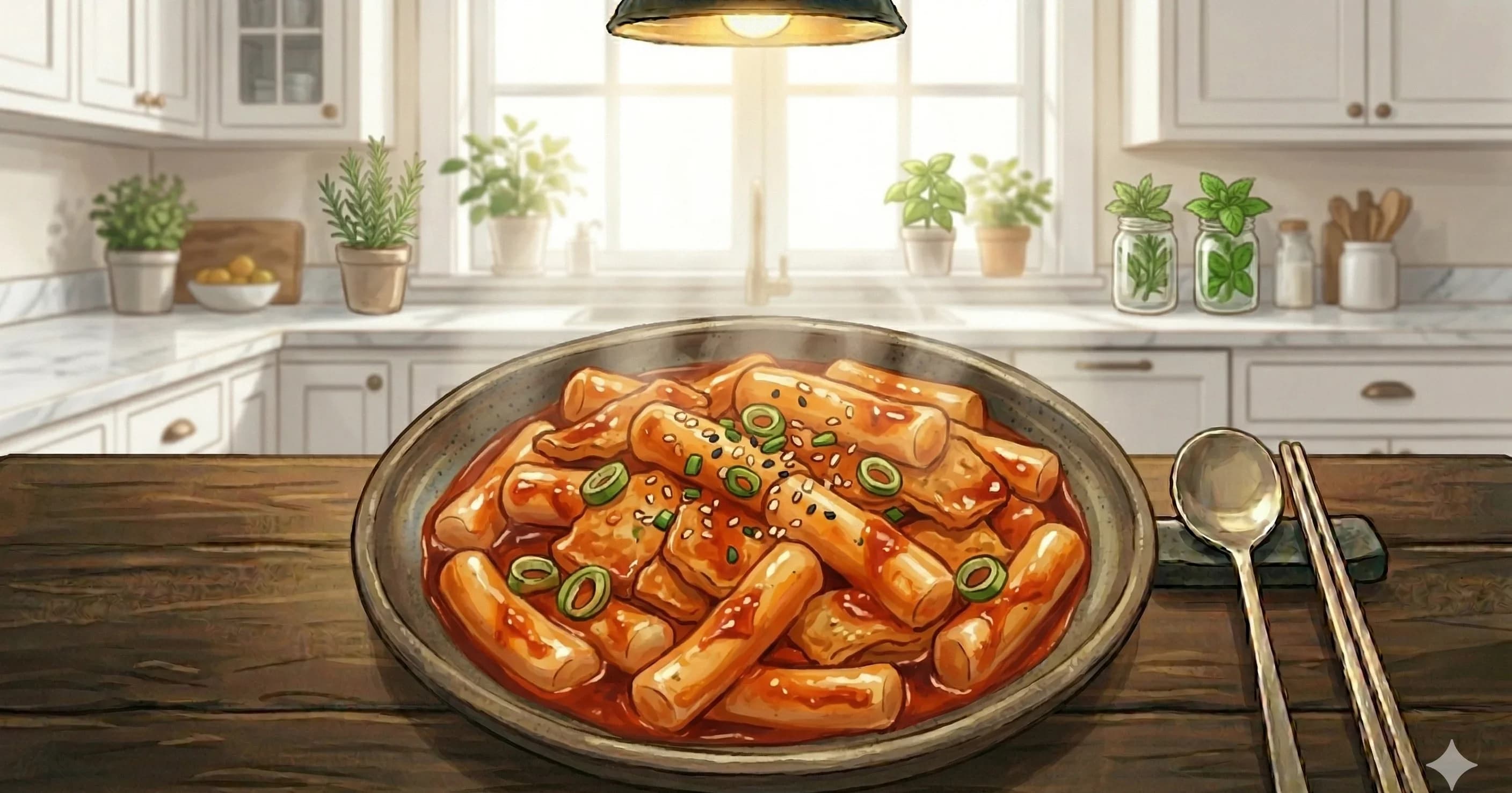 Tteokbokki (Spicy Rice Cakes) — Chewy rice cakes swimming in a fiery, sweet gochujang sauce