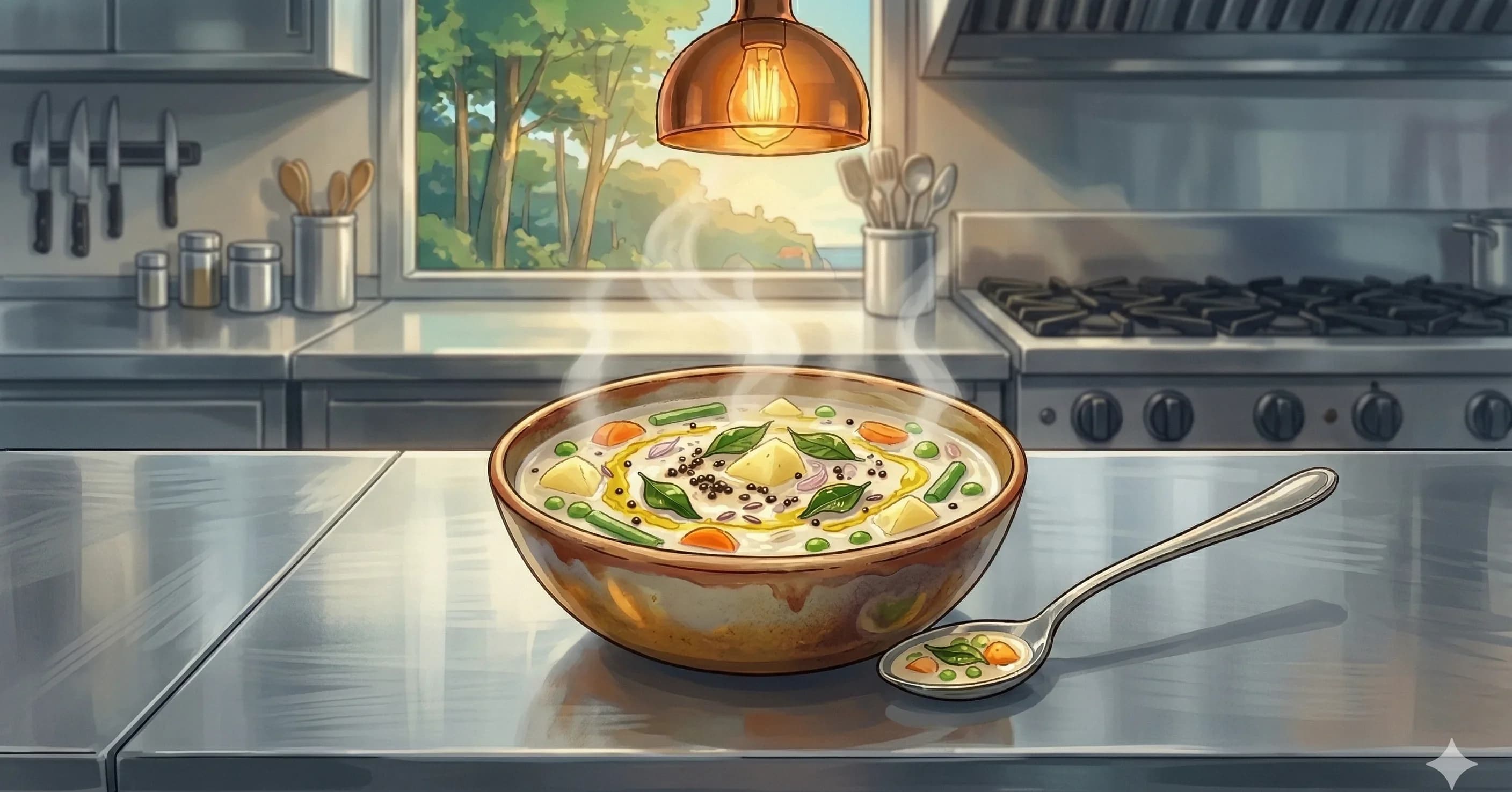 Vegetable Ishtu — Mild, fragrant Kerala coconut milk vegetable stew — five vegetables in a gentle broth of whole spices and thin coconut milk, finished with ginger